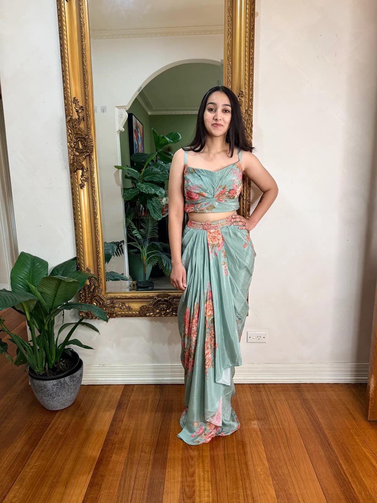 Indo western cape set . 3 piece set front view on model