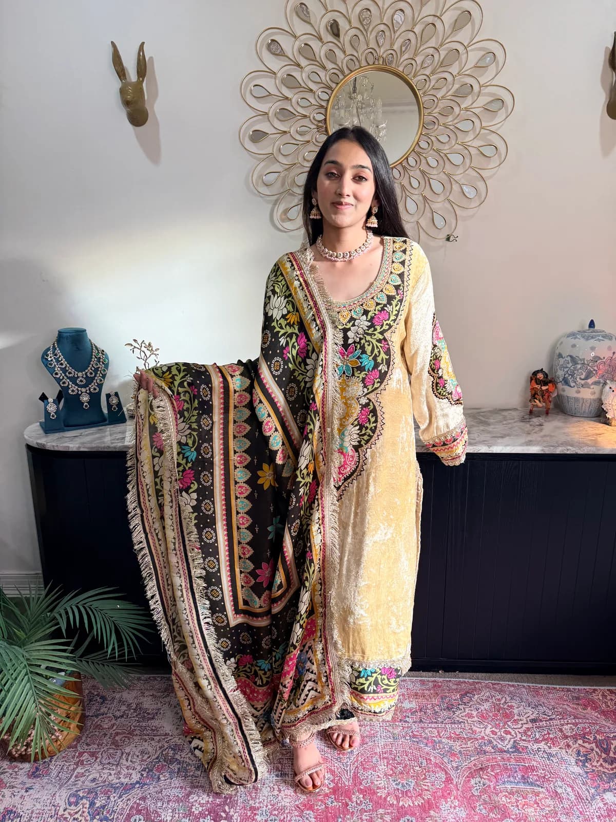 Velvet hand embroidered shirt with digital dupatta front view on model