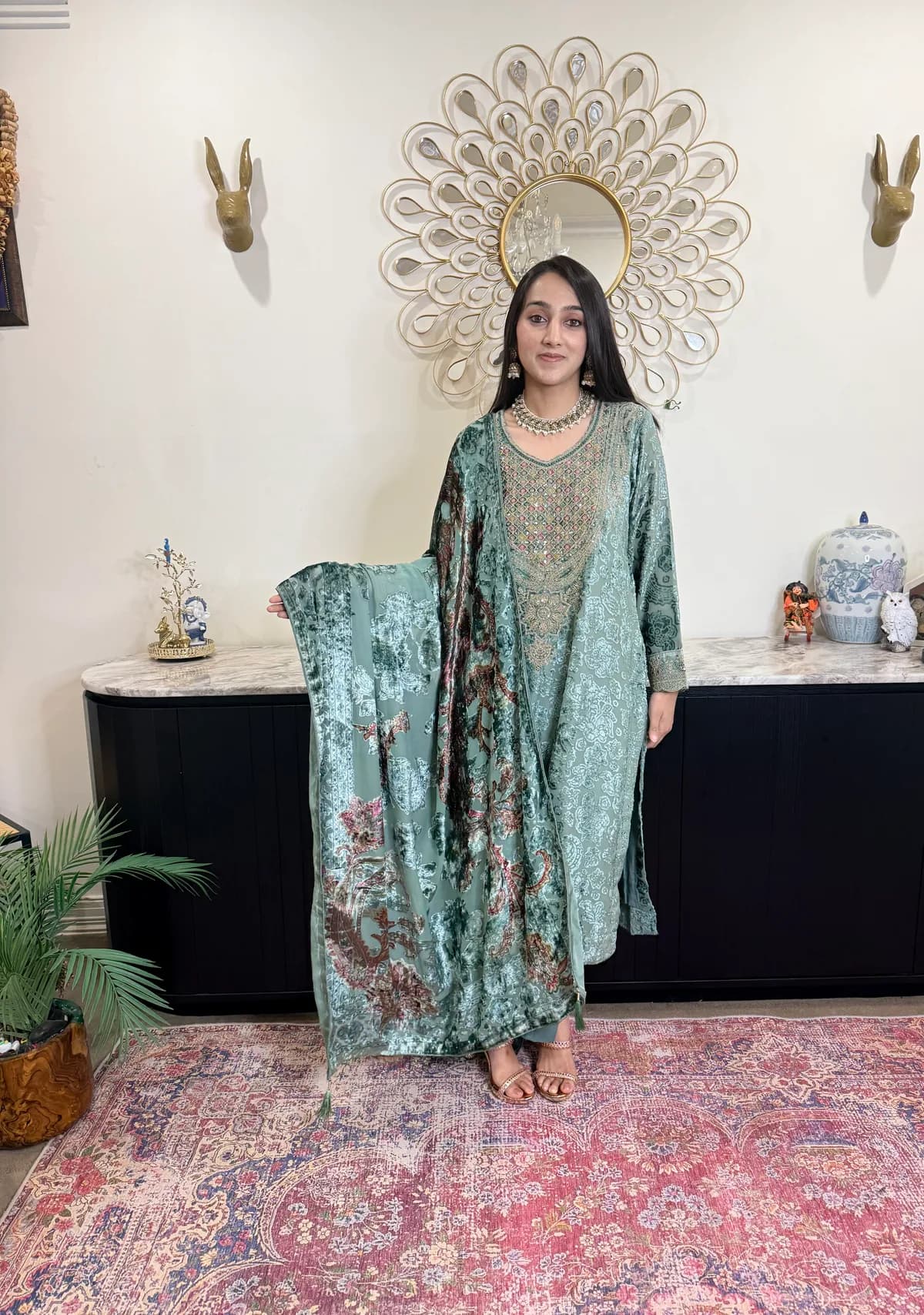 Brasso velvet shirt with shawl dupatta front view on model