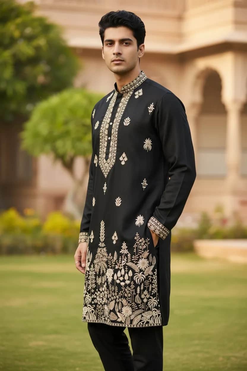 Black Kurta Set with Gold Floral Embroidery front view on model