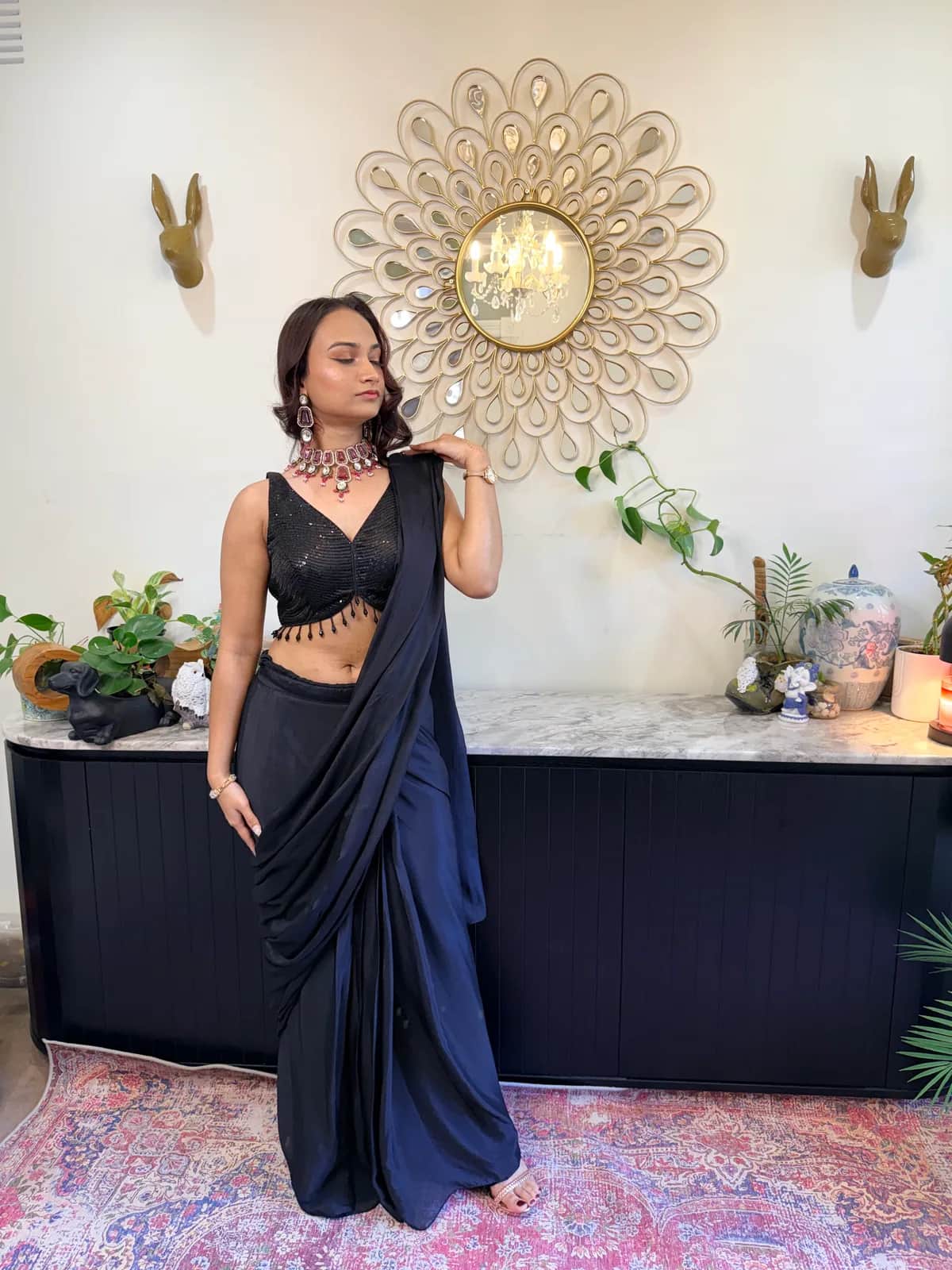 Black Ready-to-Wear Saree with Embroidered Sequin Blouse front view on model