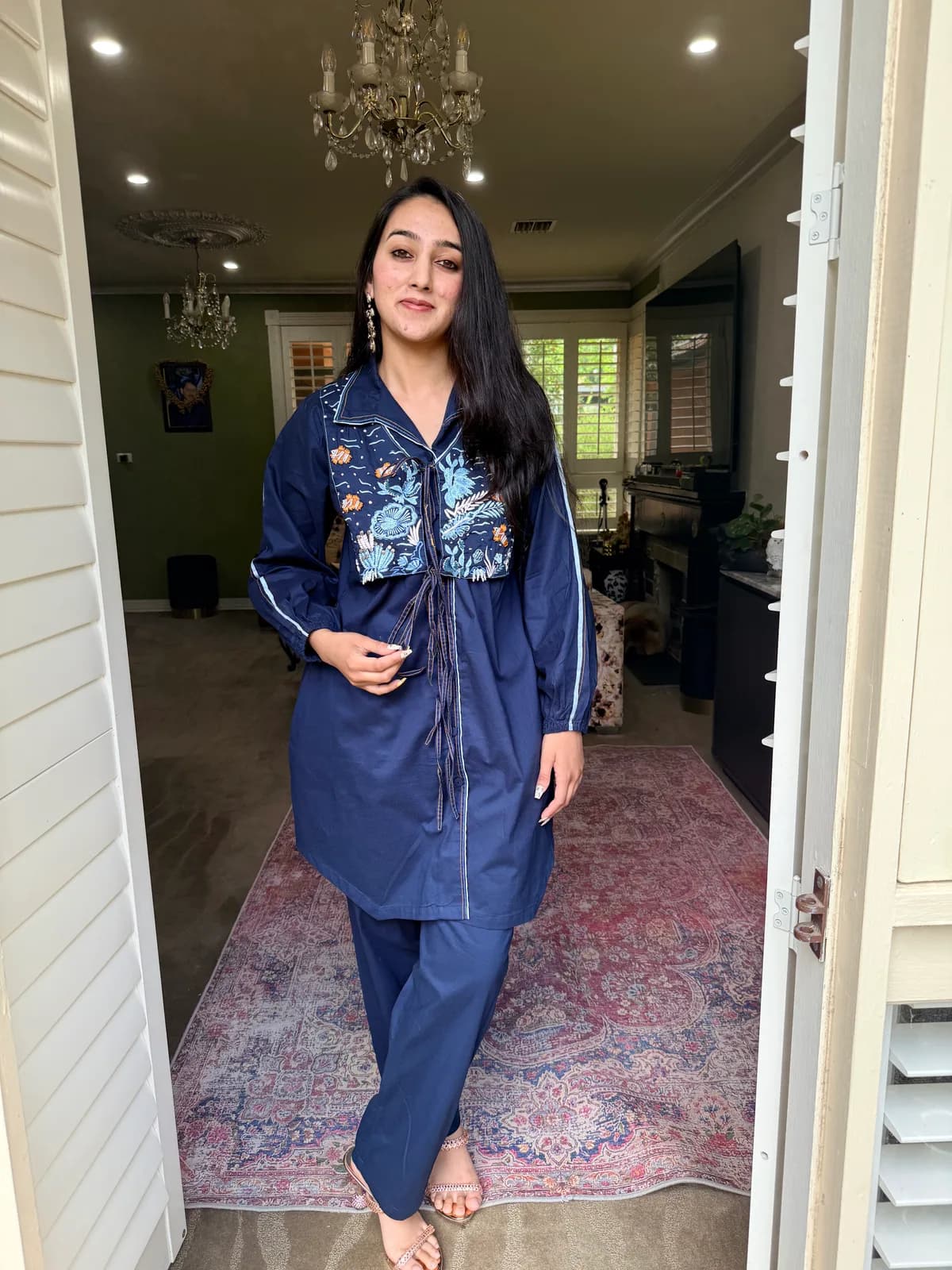 Navy Denim Co-ord Set with Embroidery front view on model