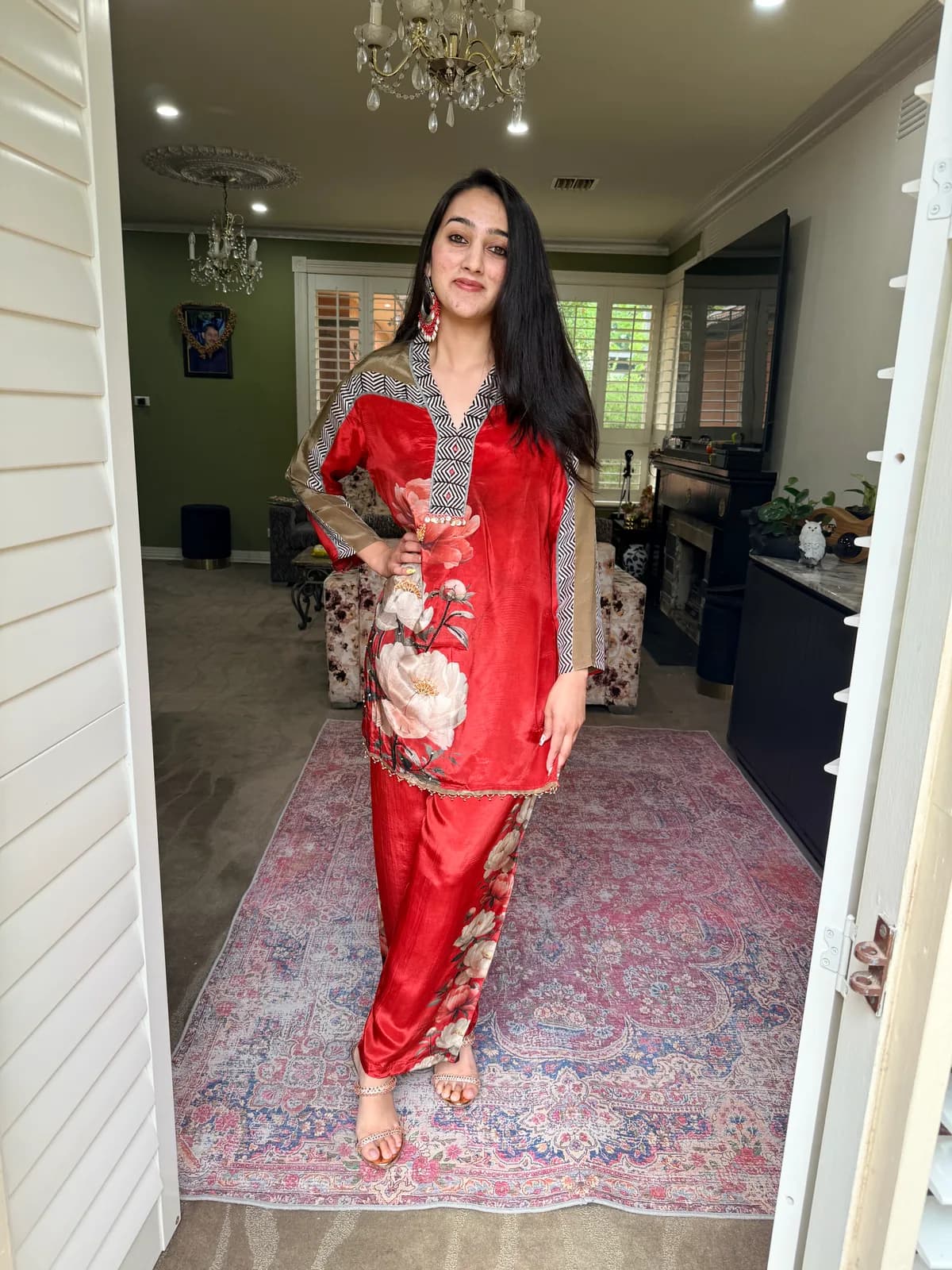 Red Crepe Co-ord Set with Hand Embroidery front view on model