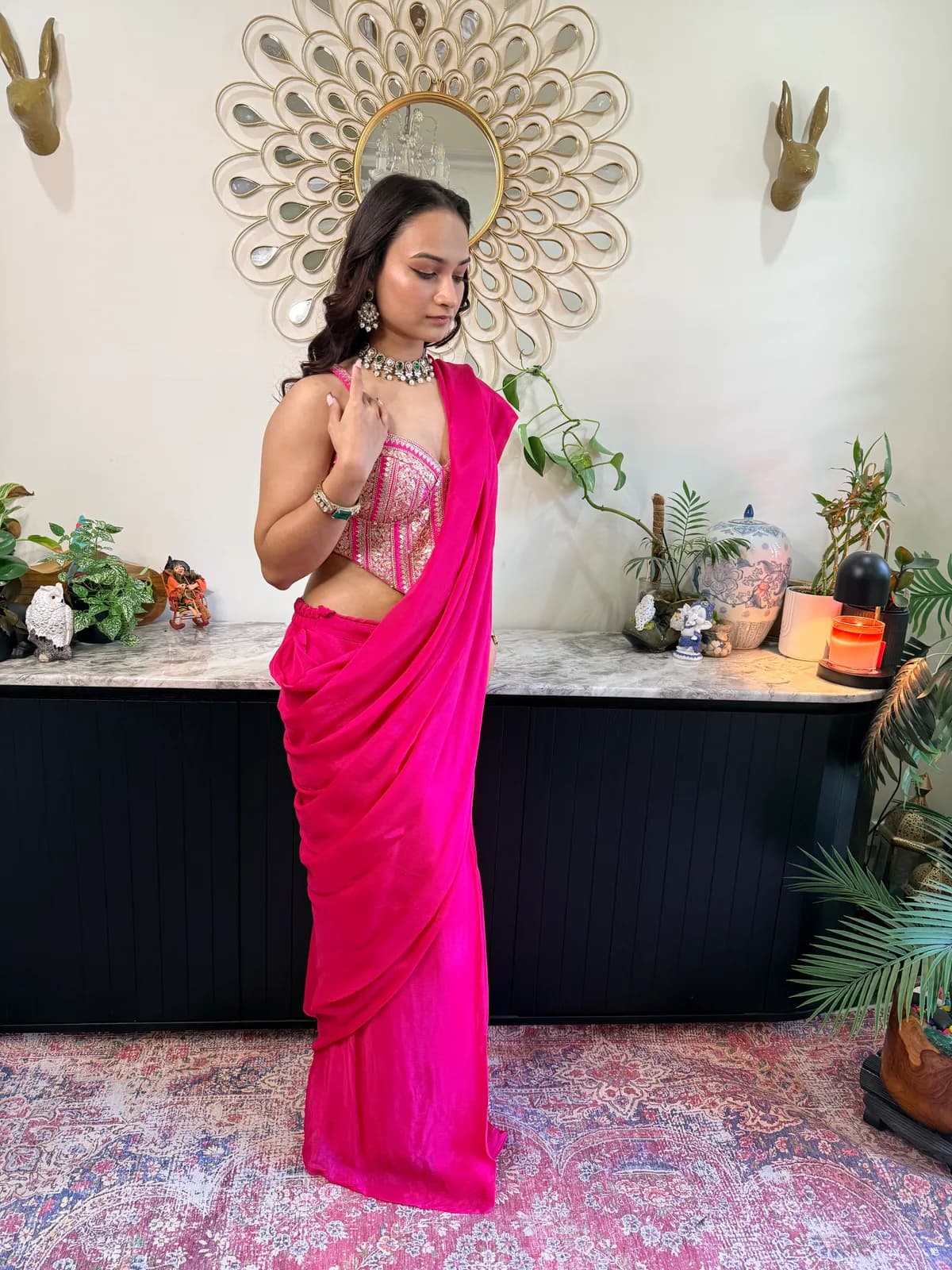 Pink Ready-to-Wear Saree with Corset Blouse front view on model