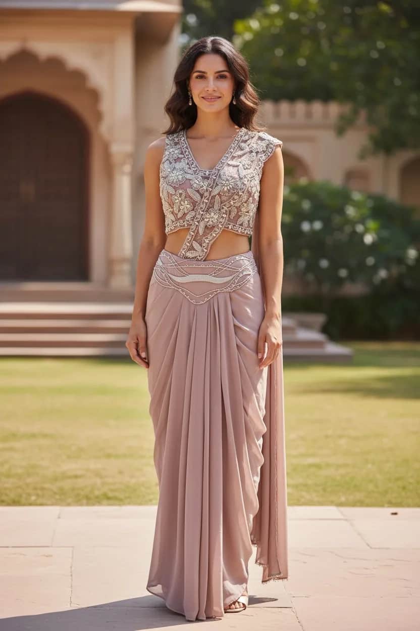 Pearl-Embellished Drape Saree, Indo-Western front view on model