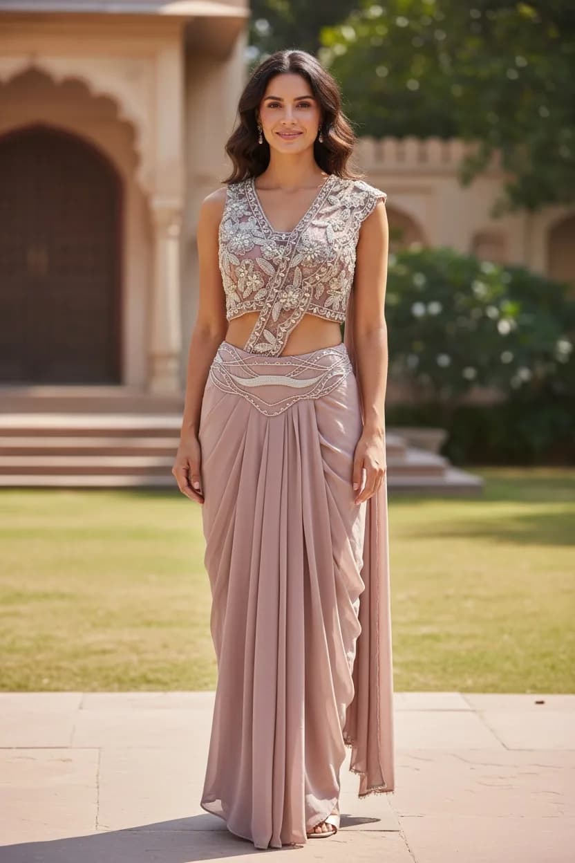 Pearl-Embellished Drape Saree, Indo-Western front view on model