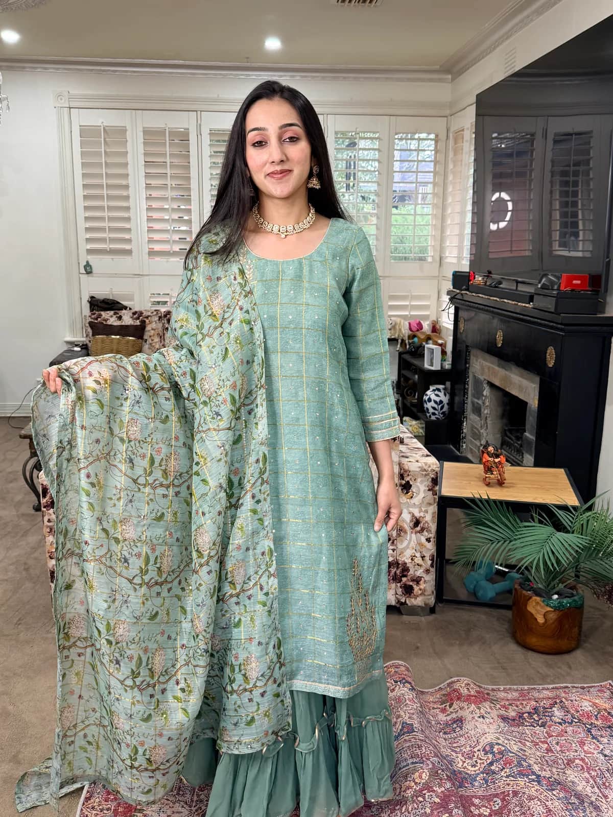 Sage Green Sharara Set with Gota Work front view on model