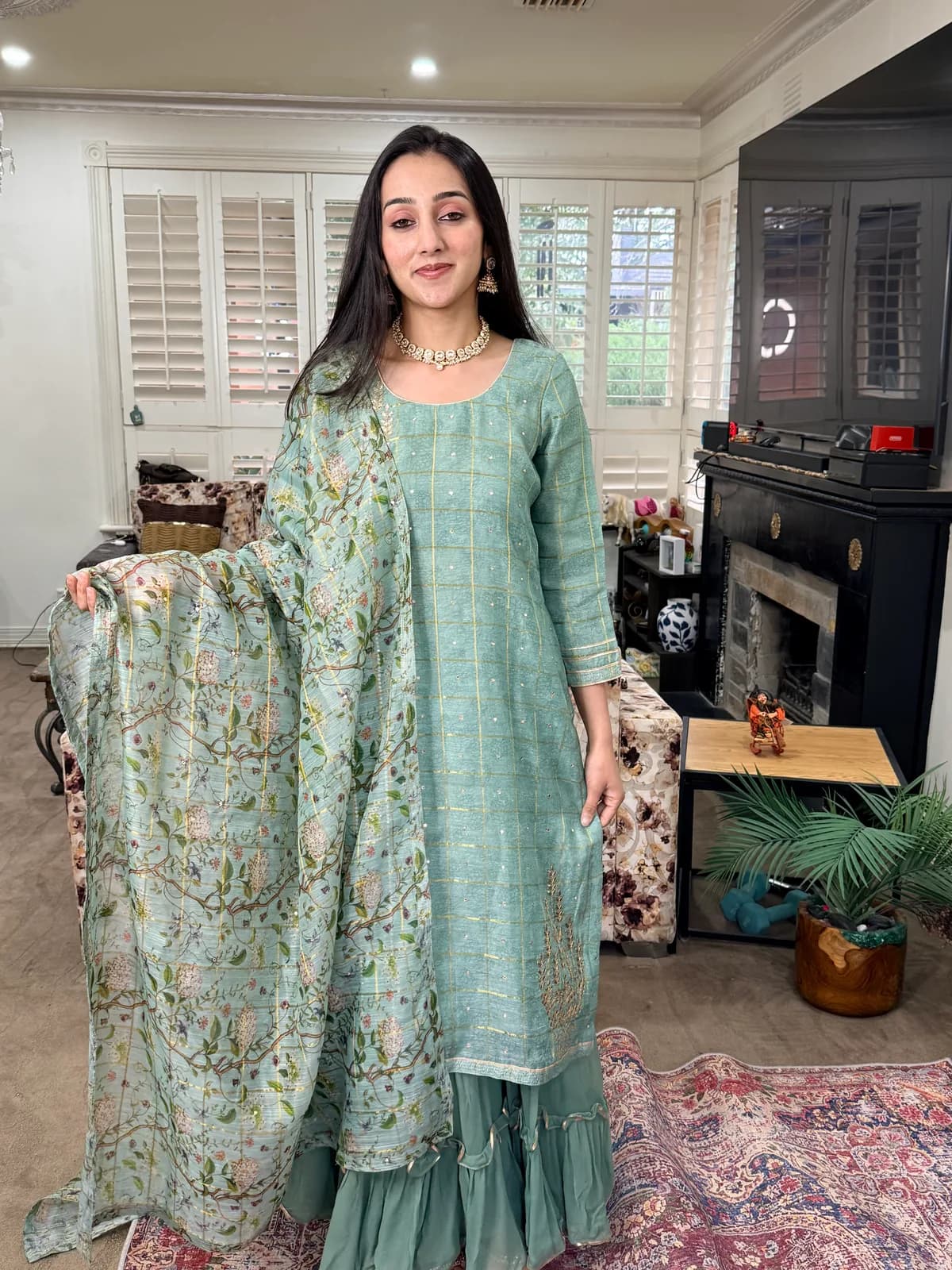 Sage Green Sharara Set with Gota Work front view on model
