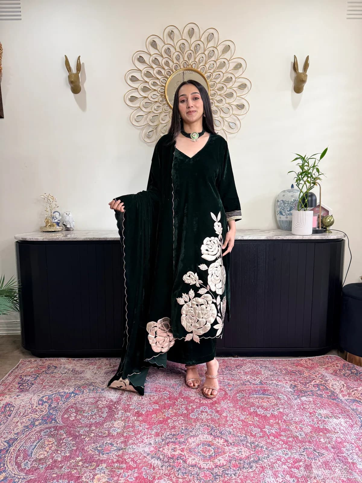 Emerald Velvet Palazzo Set with Patch Work front view on model