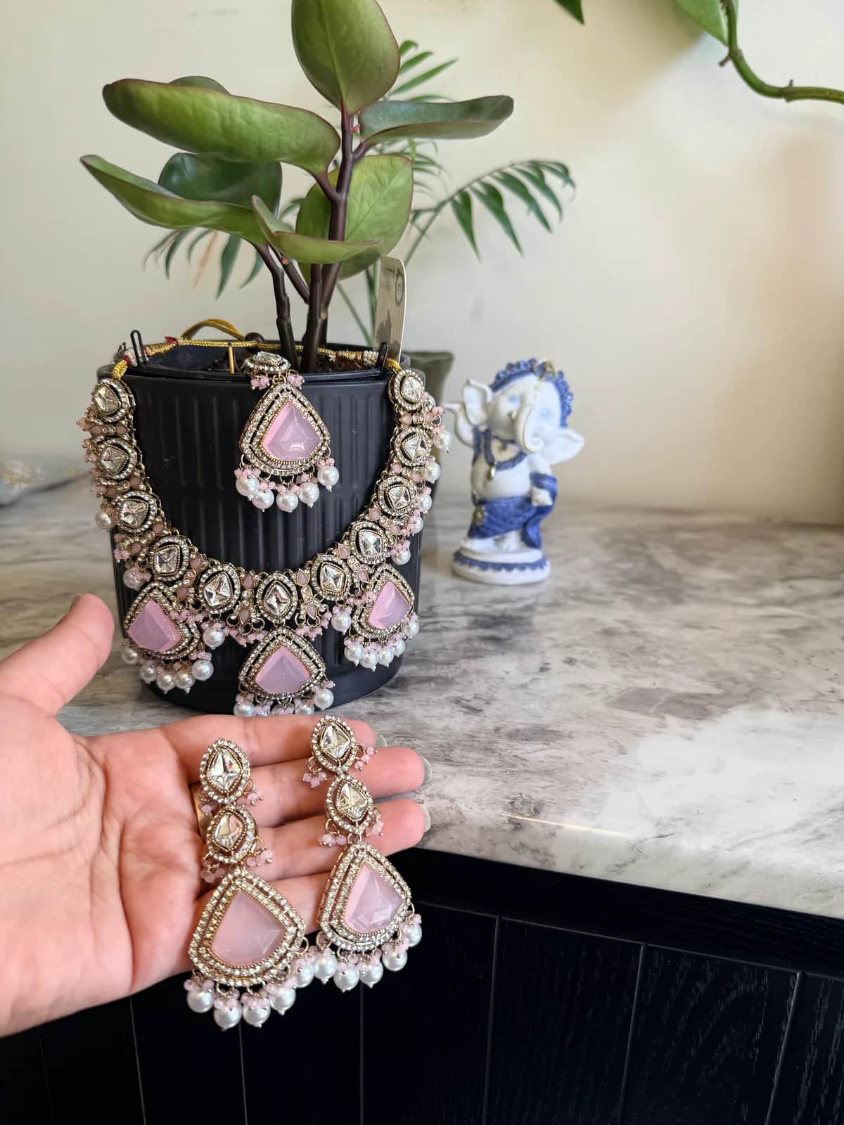 Kundan Necklace Set with Pink Stones front view on model