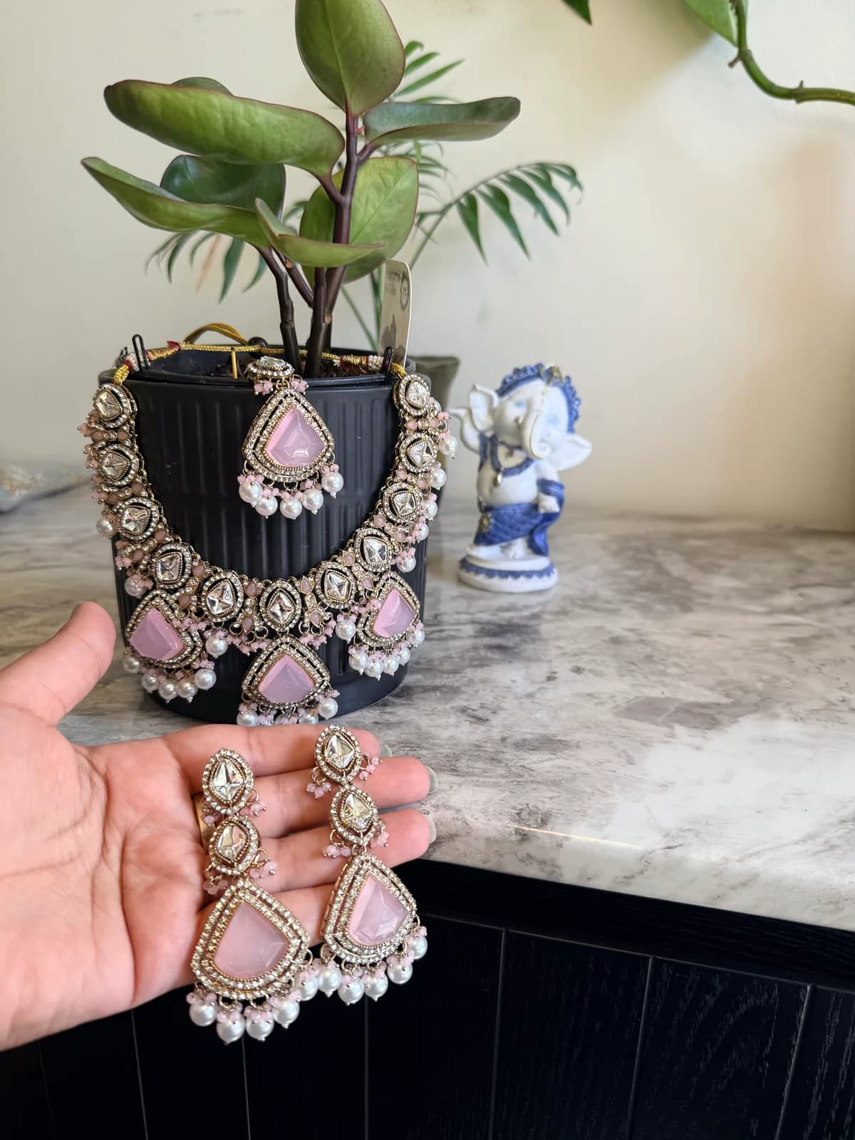 Kundan Necklace Set with Pink Stones front view on model