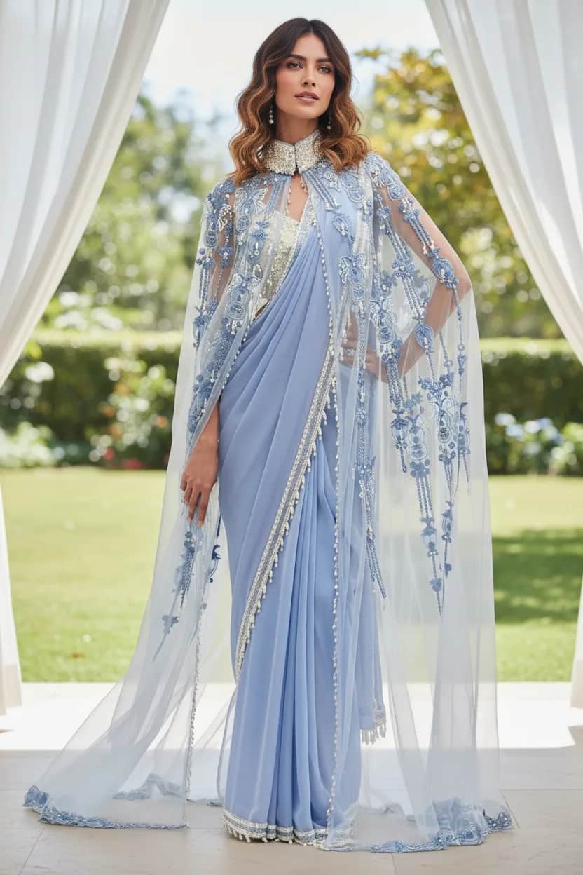 Pastel Blue Ready-to-Wear Saree with Cape & Pearl Embellishment front view on model