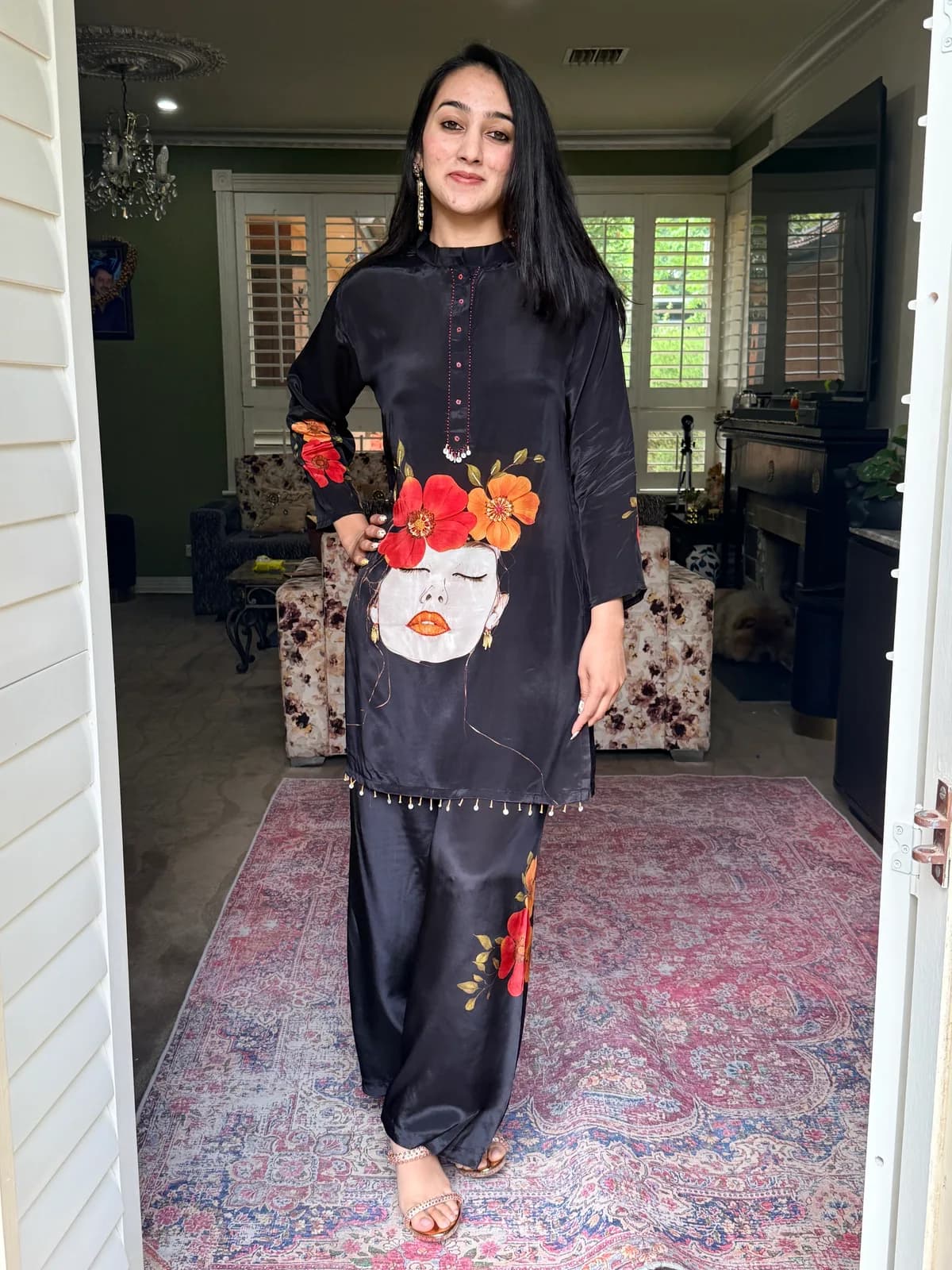 Black Crepe Co-ord Set with Hand Embroidery front view on model