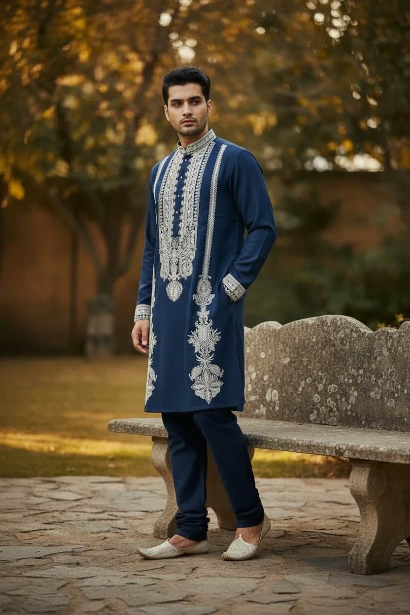 Navy Kurta Set with Botanical Embroidery front view on model
