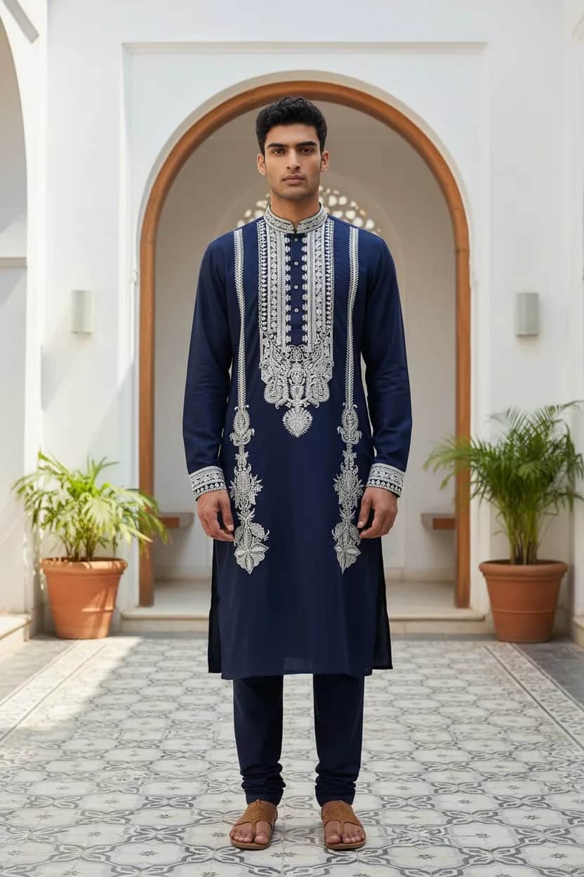 Navy Kurta Set with Vertical Band Embroidery front view on model
