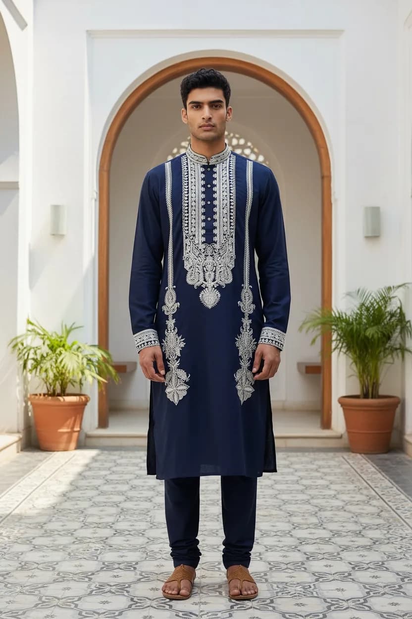 Navy Kurta Set with Vertical Band Embroidery front view on model