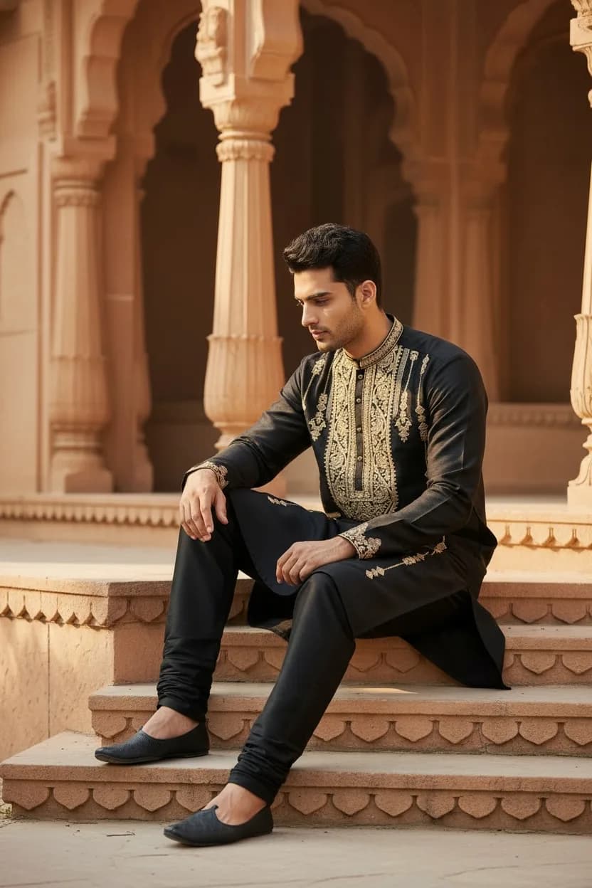 Black Kurta Set with Gold Panel Embroidery front view on model
