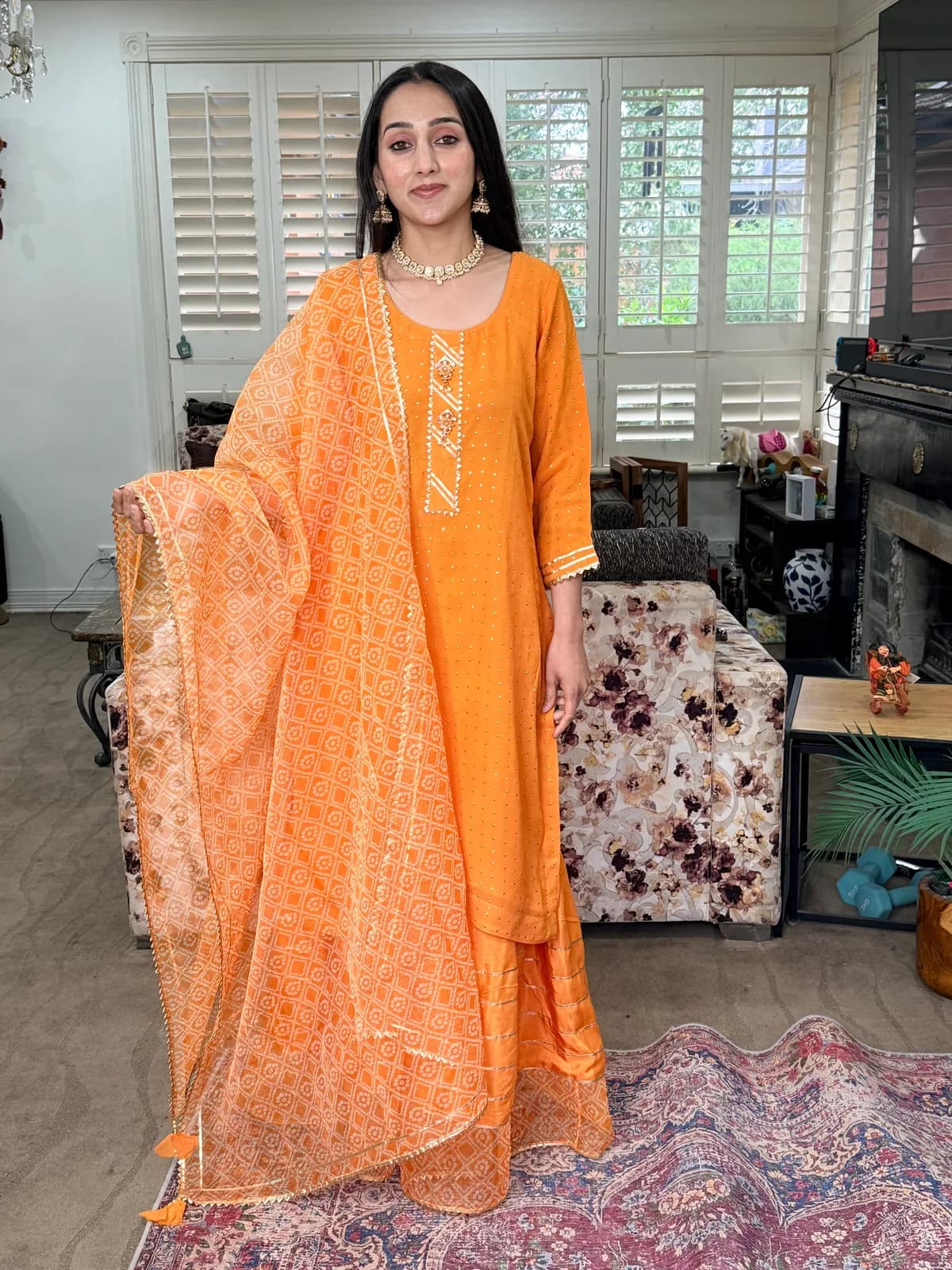 Orange Sharara Set with Printed Organza Dupatta front view on model