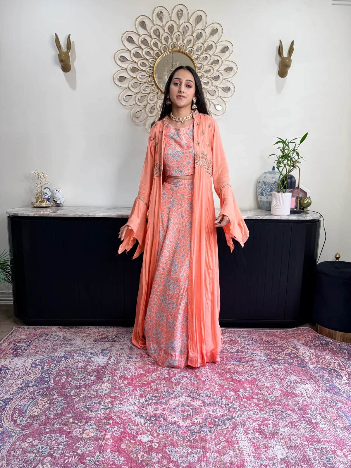 Printed Viscose Silk Cape-Blouse Lehenga, Indo-Western front view on model