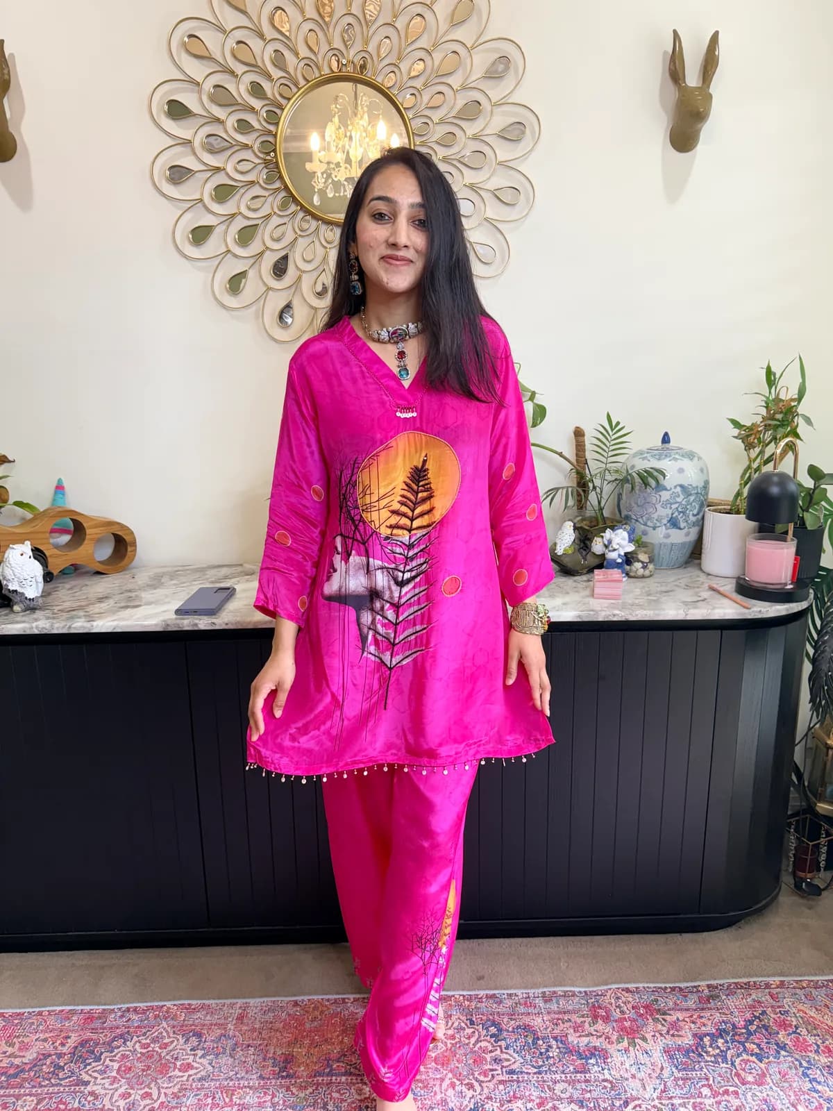 Pink Crepe Co-ord Set with Hand Embroidery front view on model
