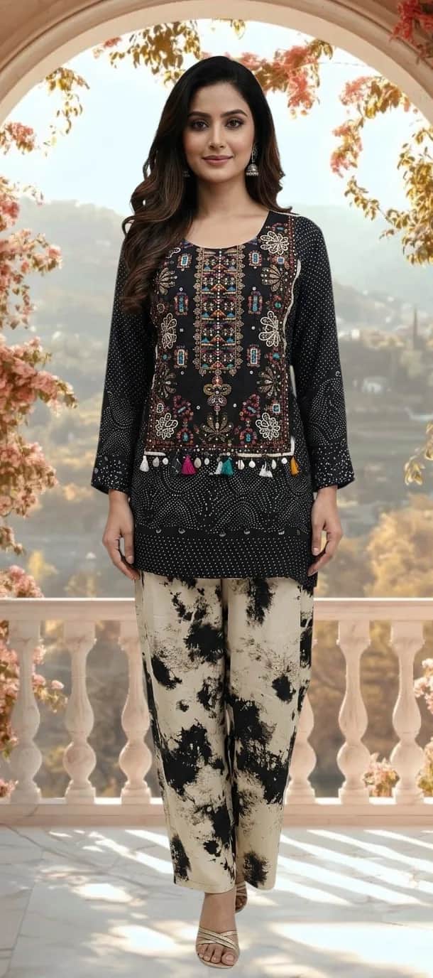 Black Bandhani Print Two-Piece Cord Set front view on model