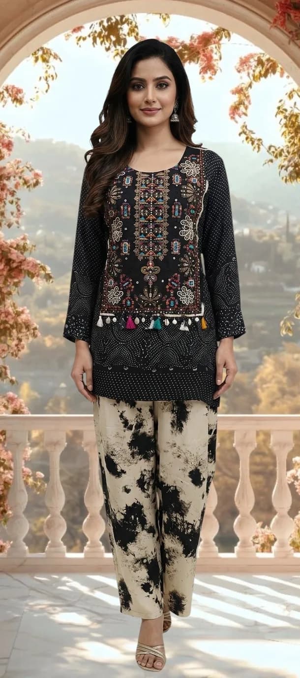 Black Bandhani Print Two-Piece Cord Set front view on model