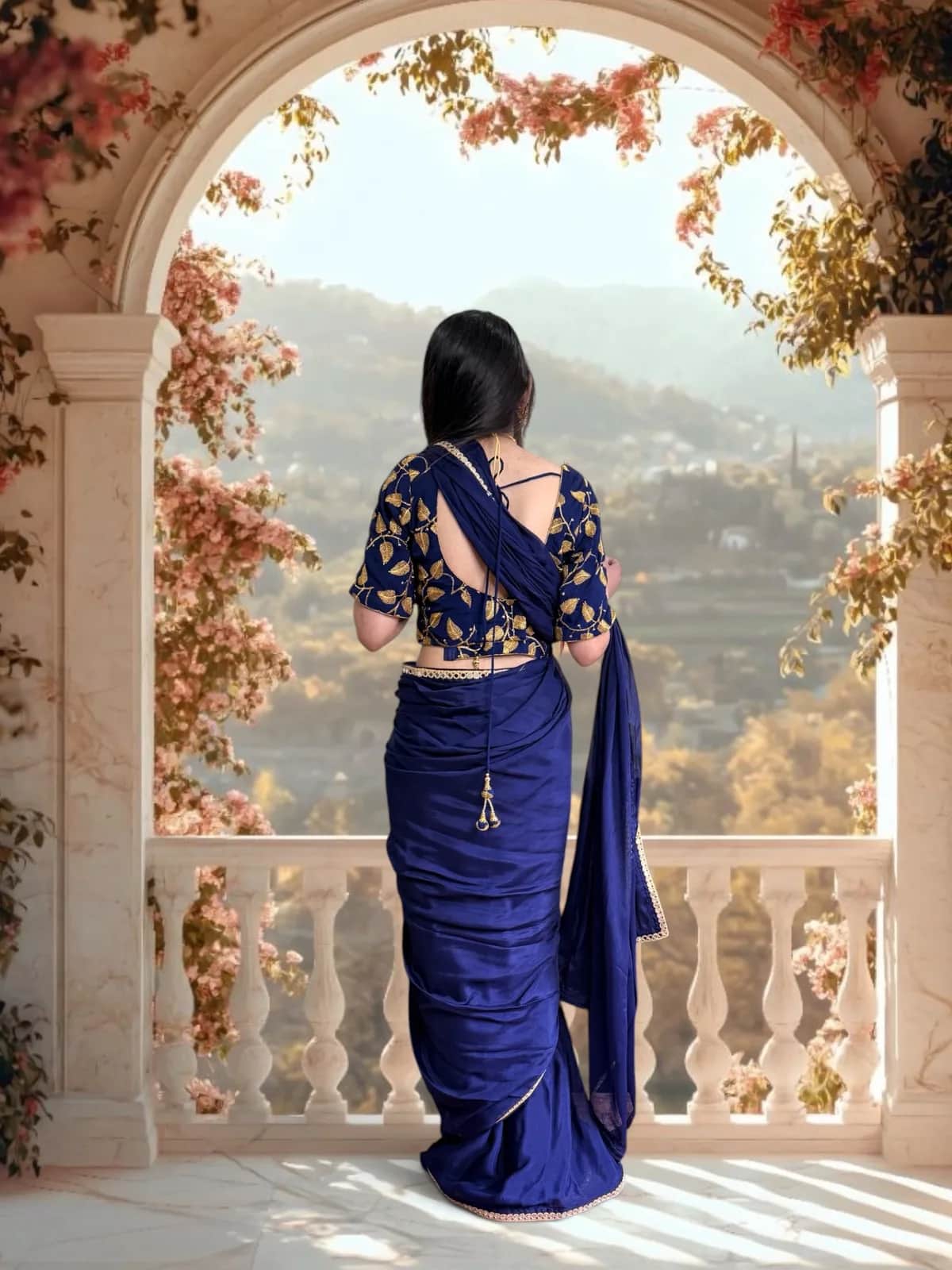 Blue Ready-to-Wear Saree with Zari Embroidered Blouse front view on model