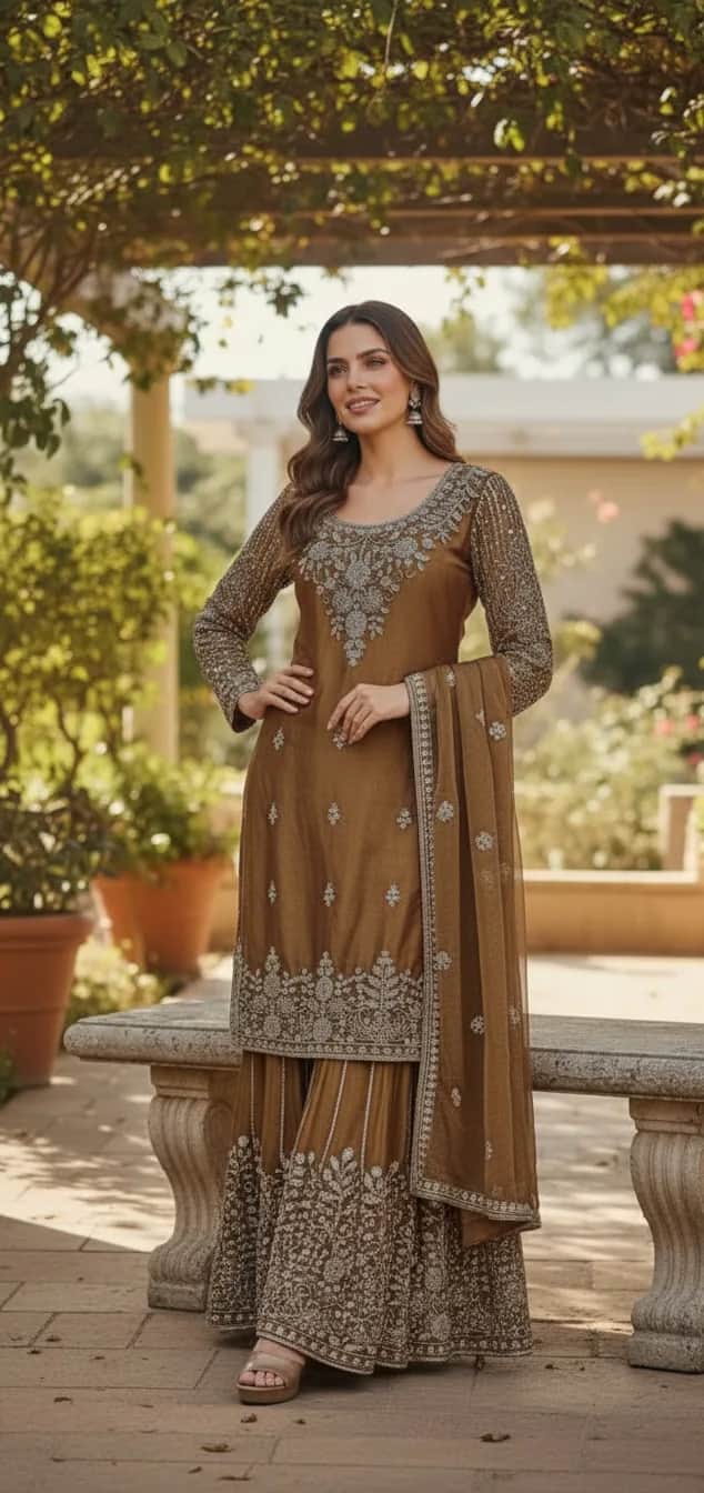 Brown Sequin Embroidered Sharara Suit with Dupatta front view on model