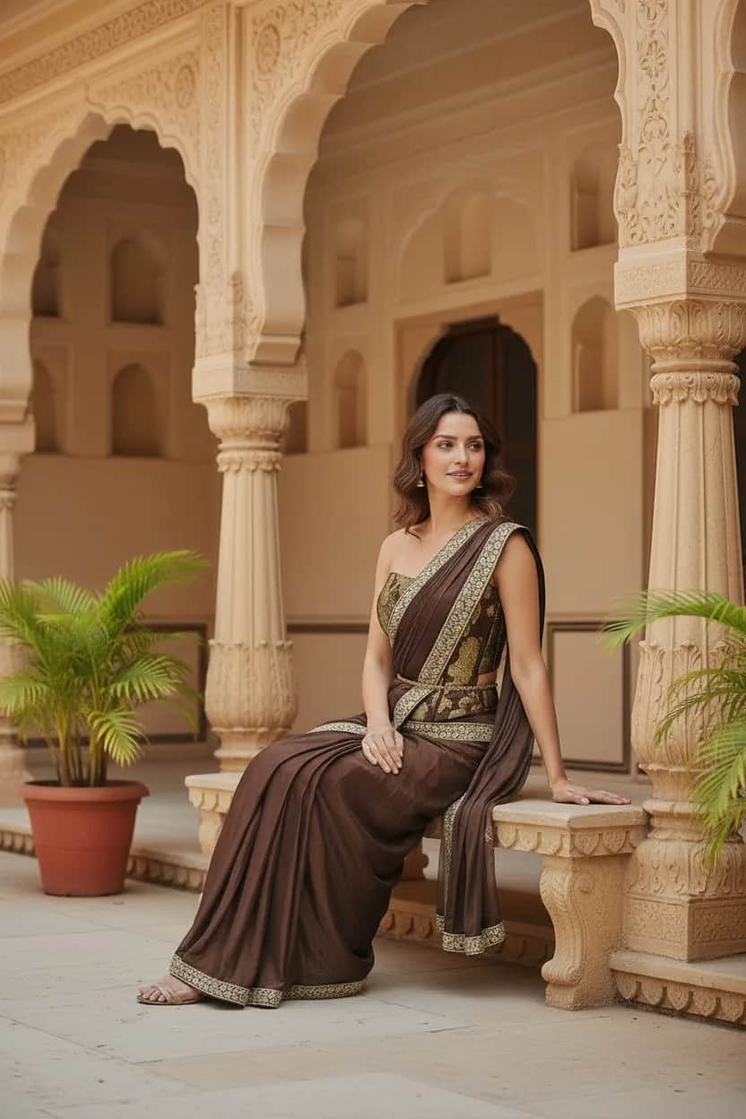 Brown Brocade Corset Blouse with Pre-Stitched Drape Saree front view on model