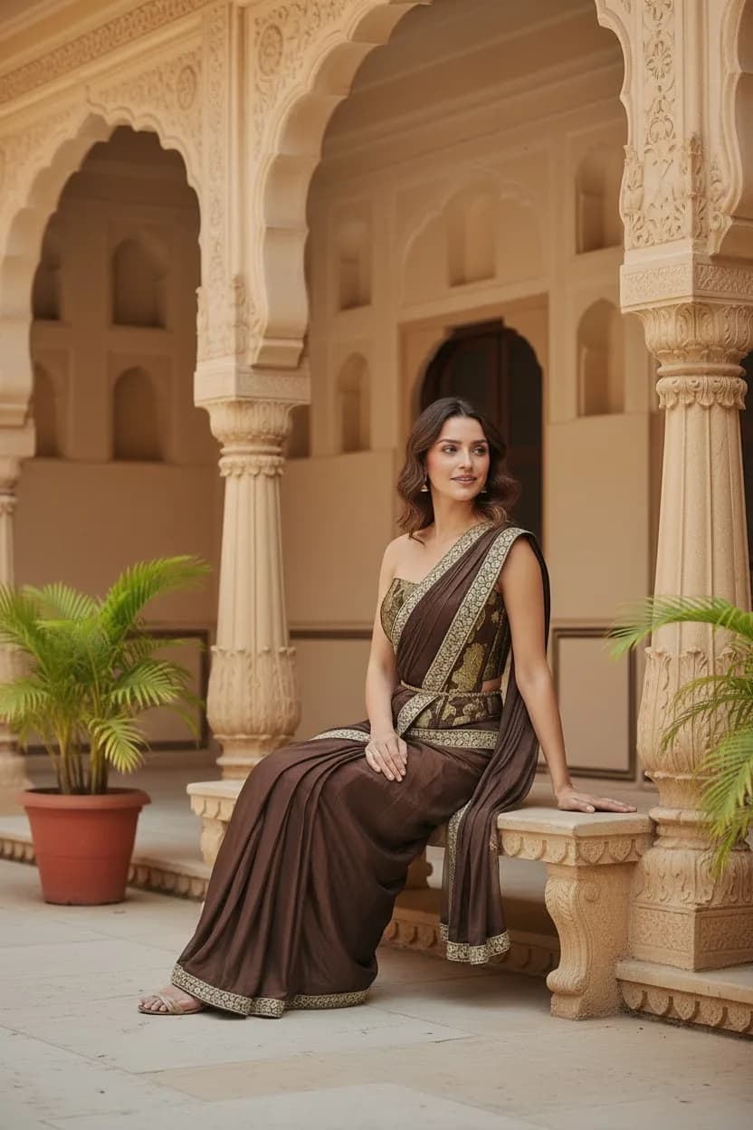 Brown Brocade Corset Blouse with Pre-Stitched Drape Saree front view on model