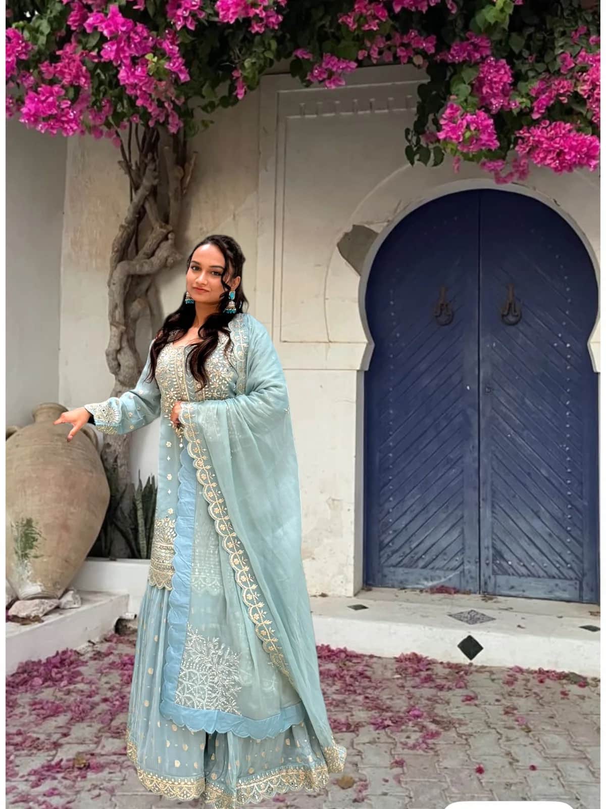 Light Blue Gota-Embroidered Sharara Suit with Scalloped Dupatta front view on model