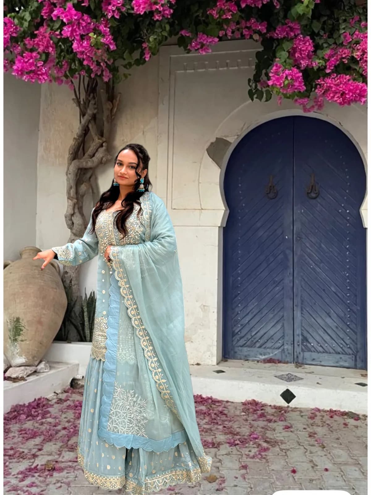 Light Blue Gota-Embroidered Sharara Suit with Scalloped Dupatta front view on model