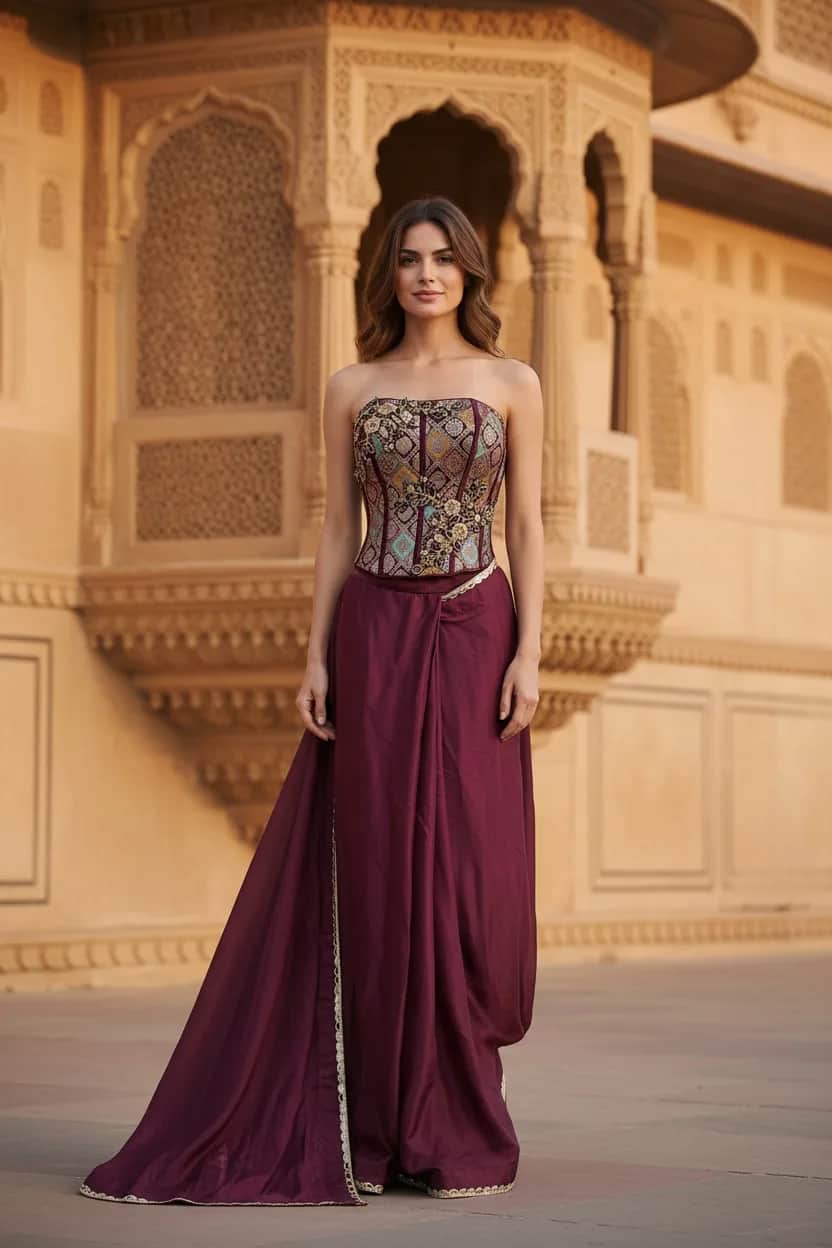 Maroon Ready-to-Wear Saree with Hand-Embroidered Corset Blouse front view on model