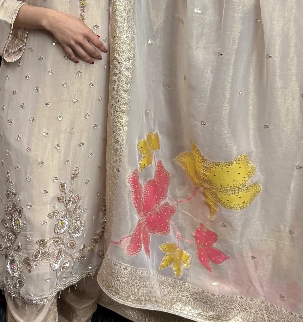 Metallic Ivory & Gold Palazzo Three-Piece Set with Banarasi Dupatta front view on model