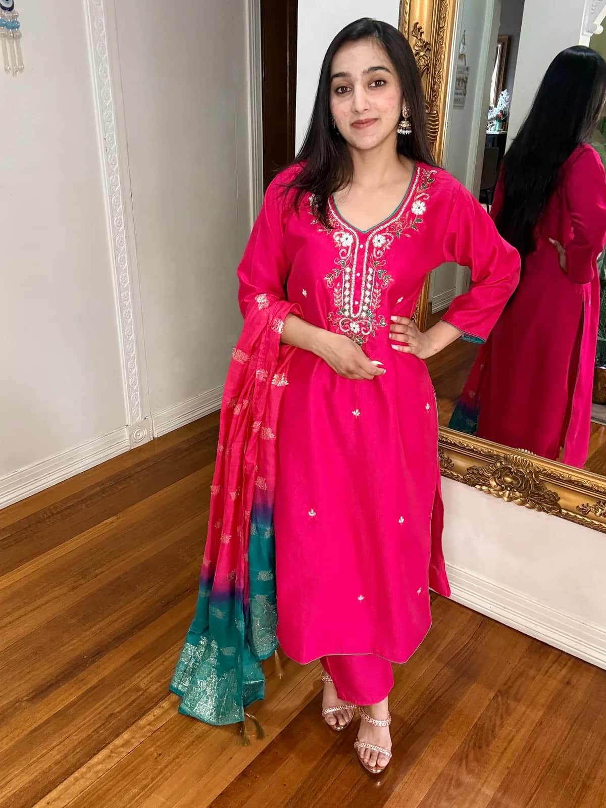 Pink Hand-Embroidered Cotton Suit with Pants and Dupatta front view on model
