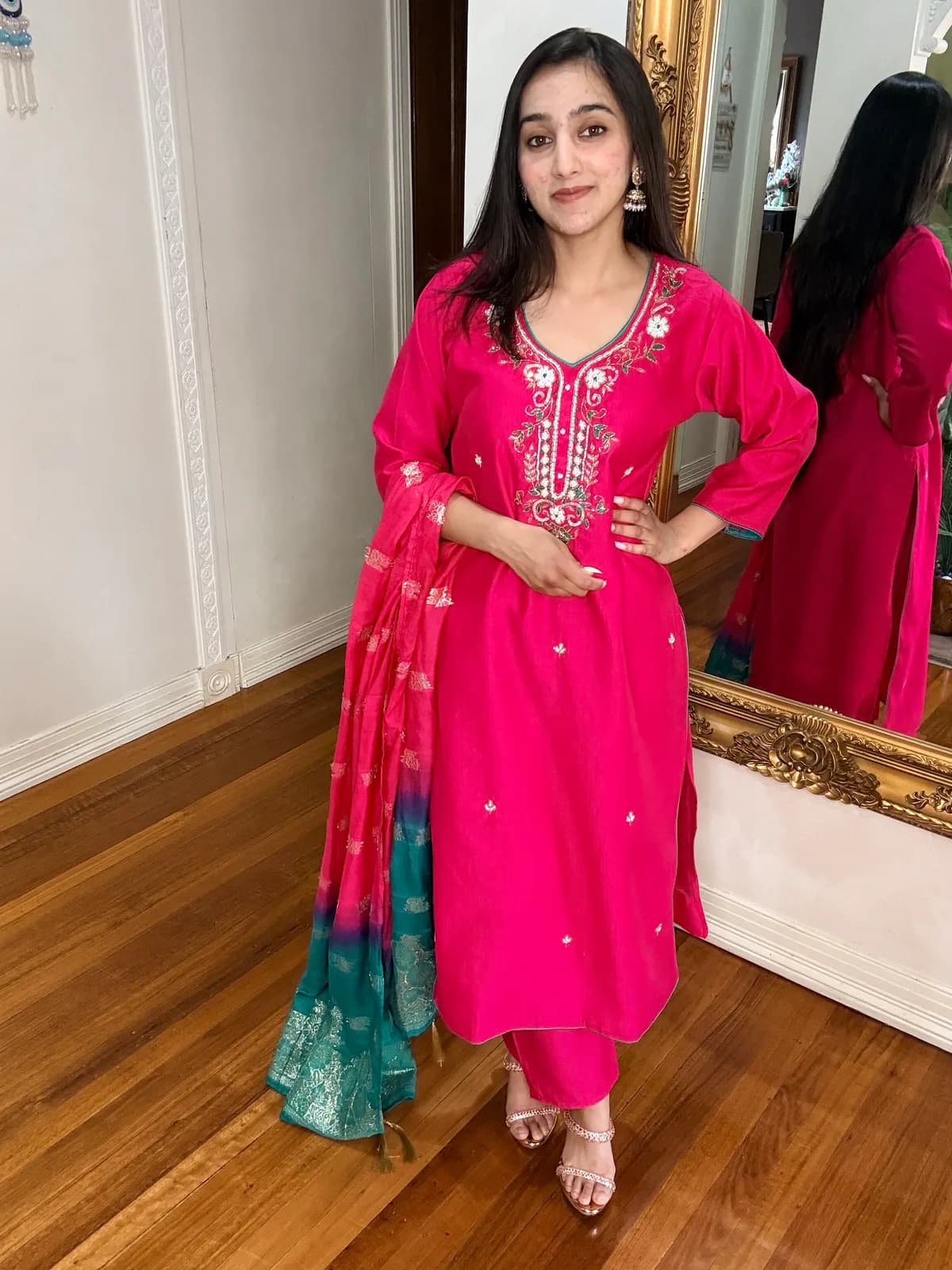 Pink Hand-Embroidered Cotton Suit with Pants and Dupatta front view on model