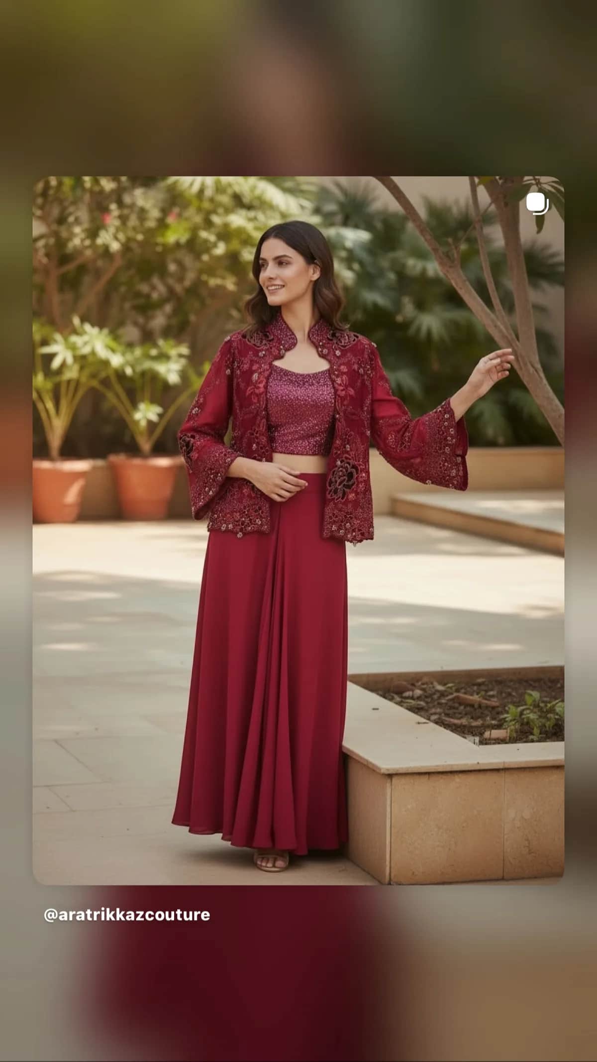 Red Dhoti Skirt with Sequin Blouse and Bolero Jacket front view on model