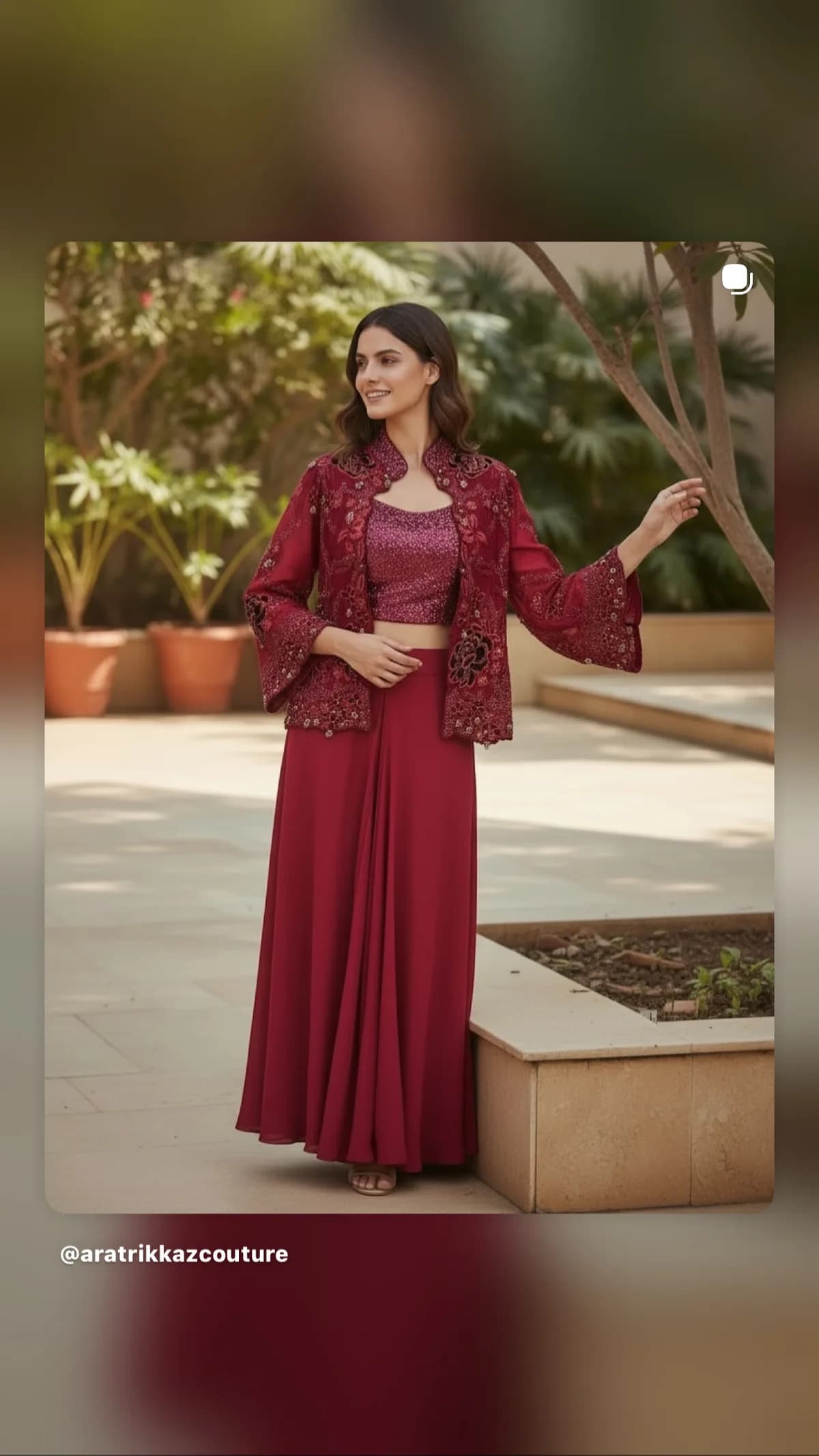 Red Dhoti Skirt with Sequin Blouse and Bolero Jacket front view on model