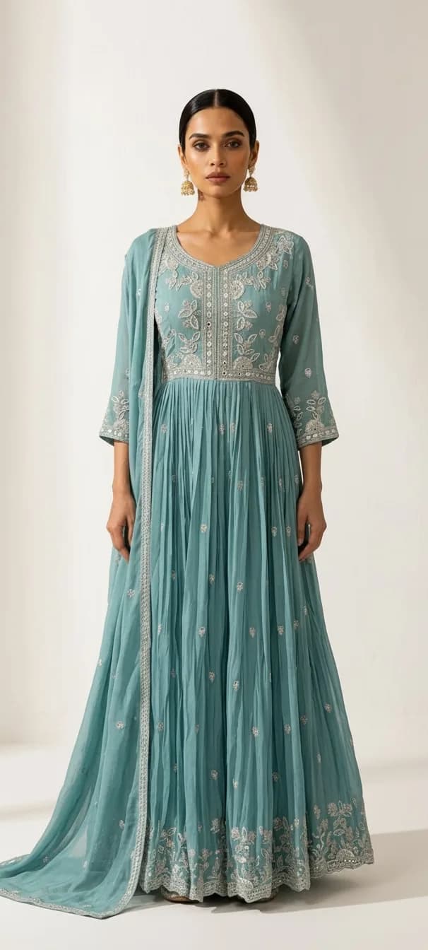 Sea Green Hand-Embroidered Long Anarkali with Dupatta front view on model
