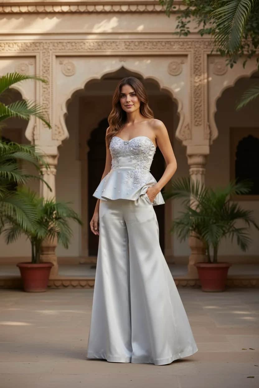 Silver Grey Embroidered Peplum Corset with Palazzo front view on model