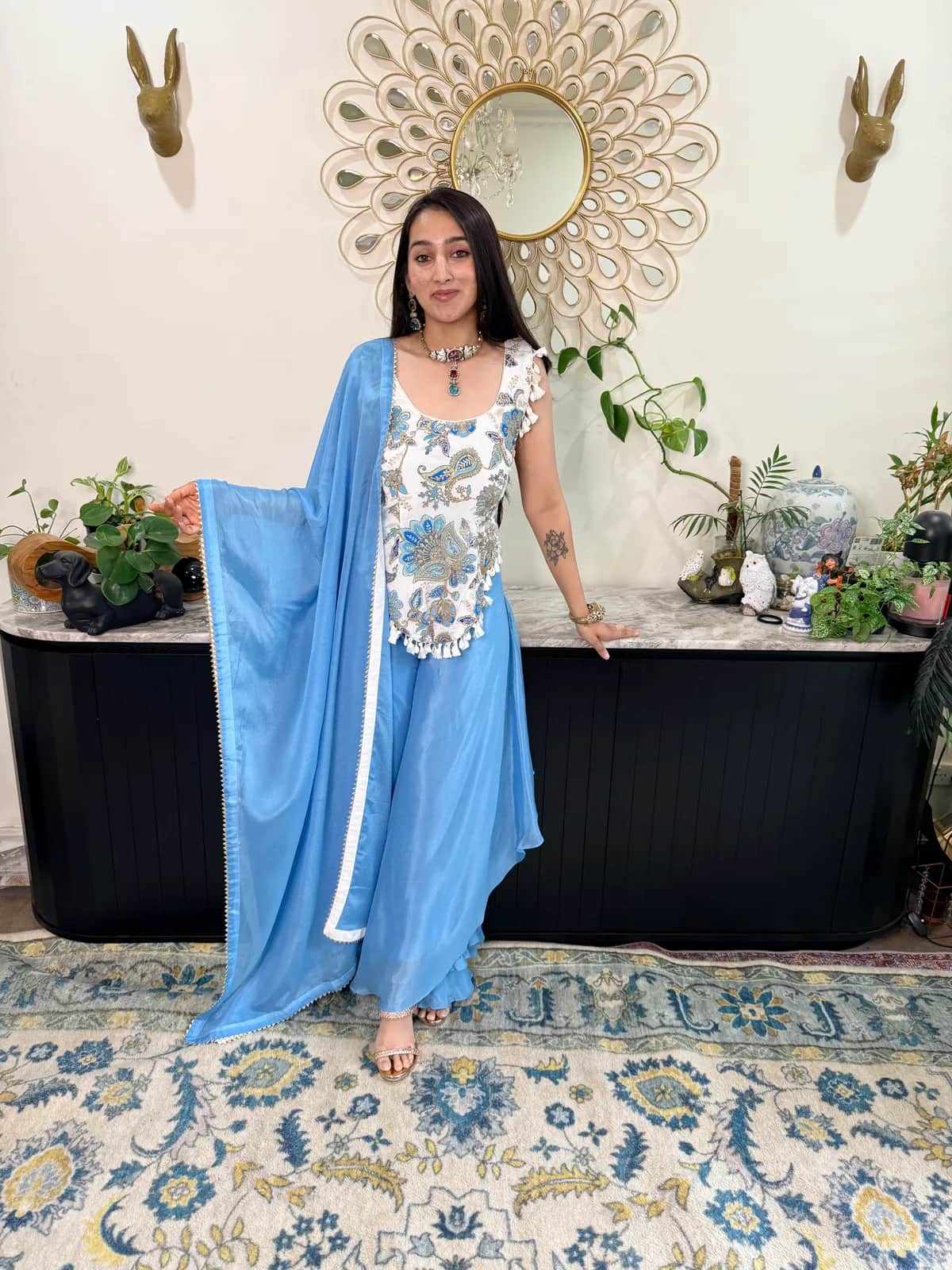 Backless Corset Blouse with Sky-Blue Palazzo front view on model