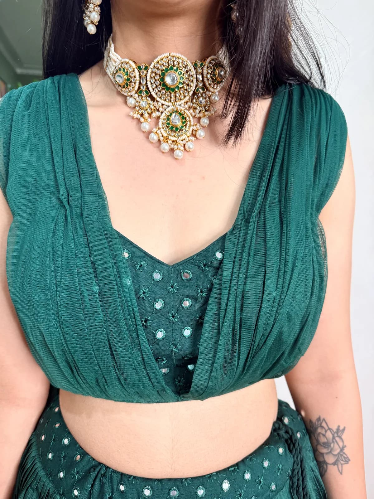 Emerald Mirror-Embroidered Blouse with Chinon Lehenga front view on model