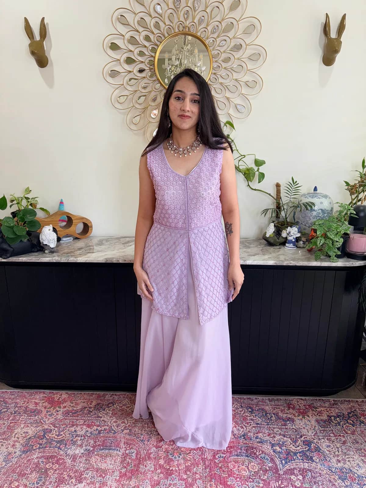 Beaded Lavender Set with Loose Palazzo and Stole Dupatta front view on model