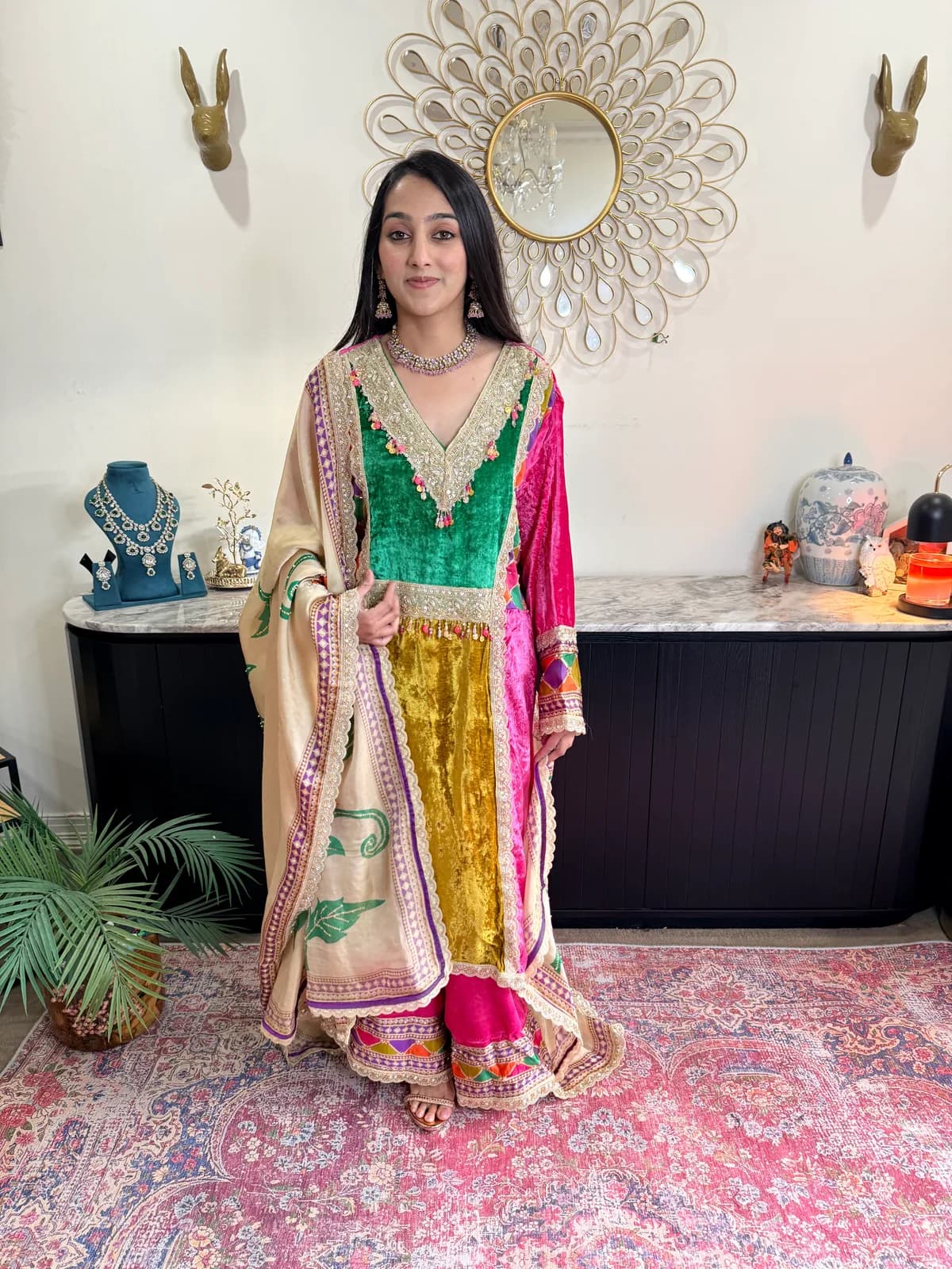 Multicolour Velvet Co-ord with Digitally Printed Dupatta front view on model