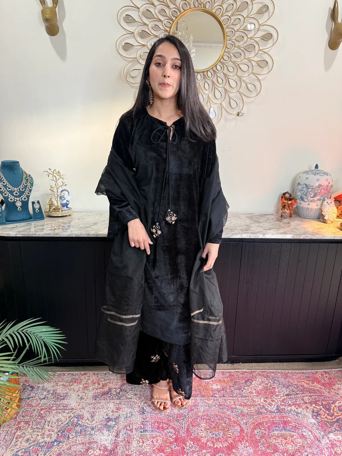 Black Velvet Farshi Salwar Set with Hand Embroidery front view on model