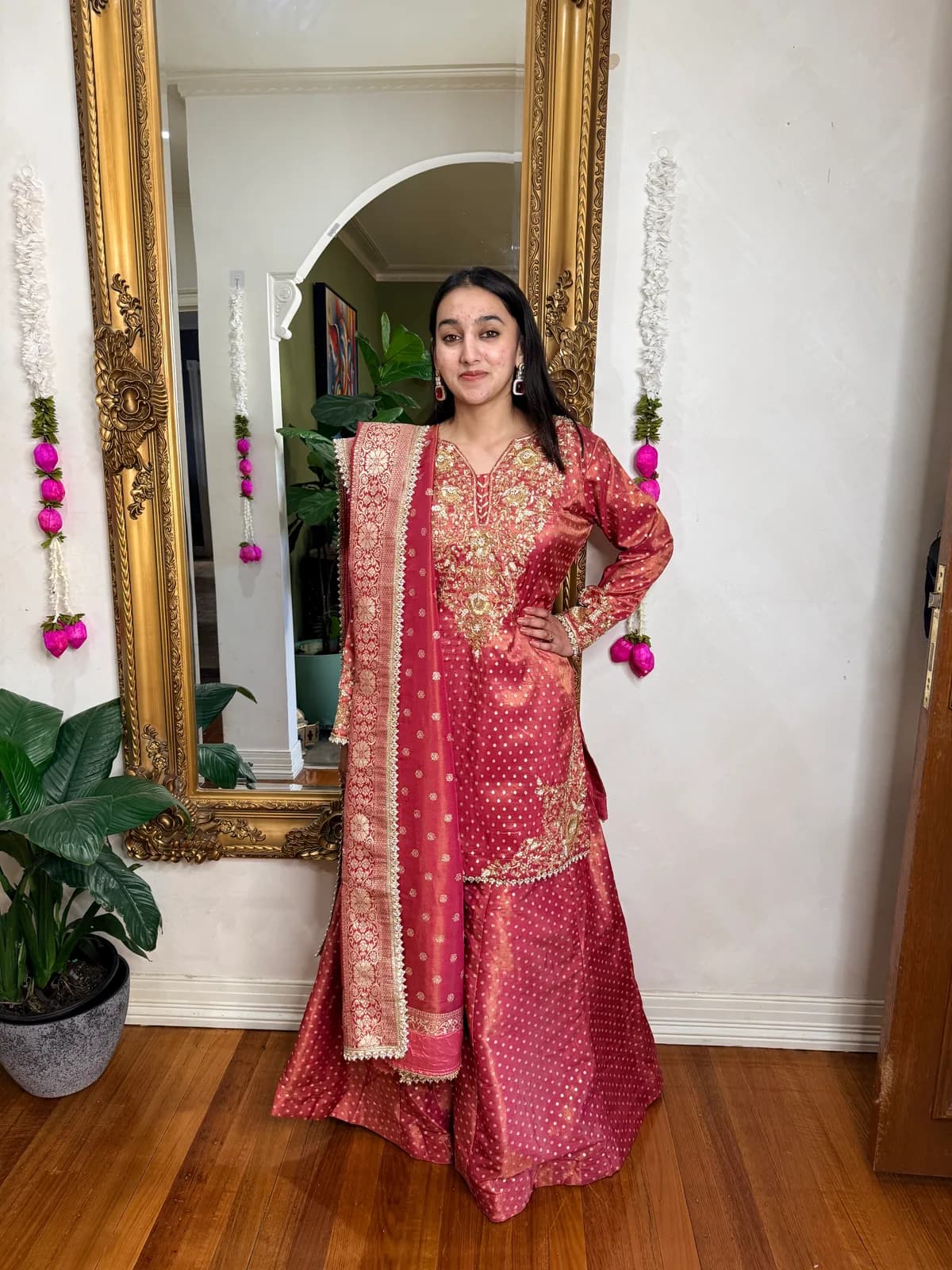 Rust Brocade Sharara Set with Hand Embroidery and Banarasi Dupatta front view on model
