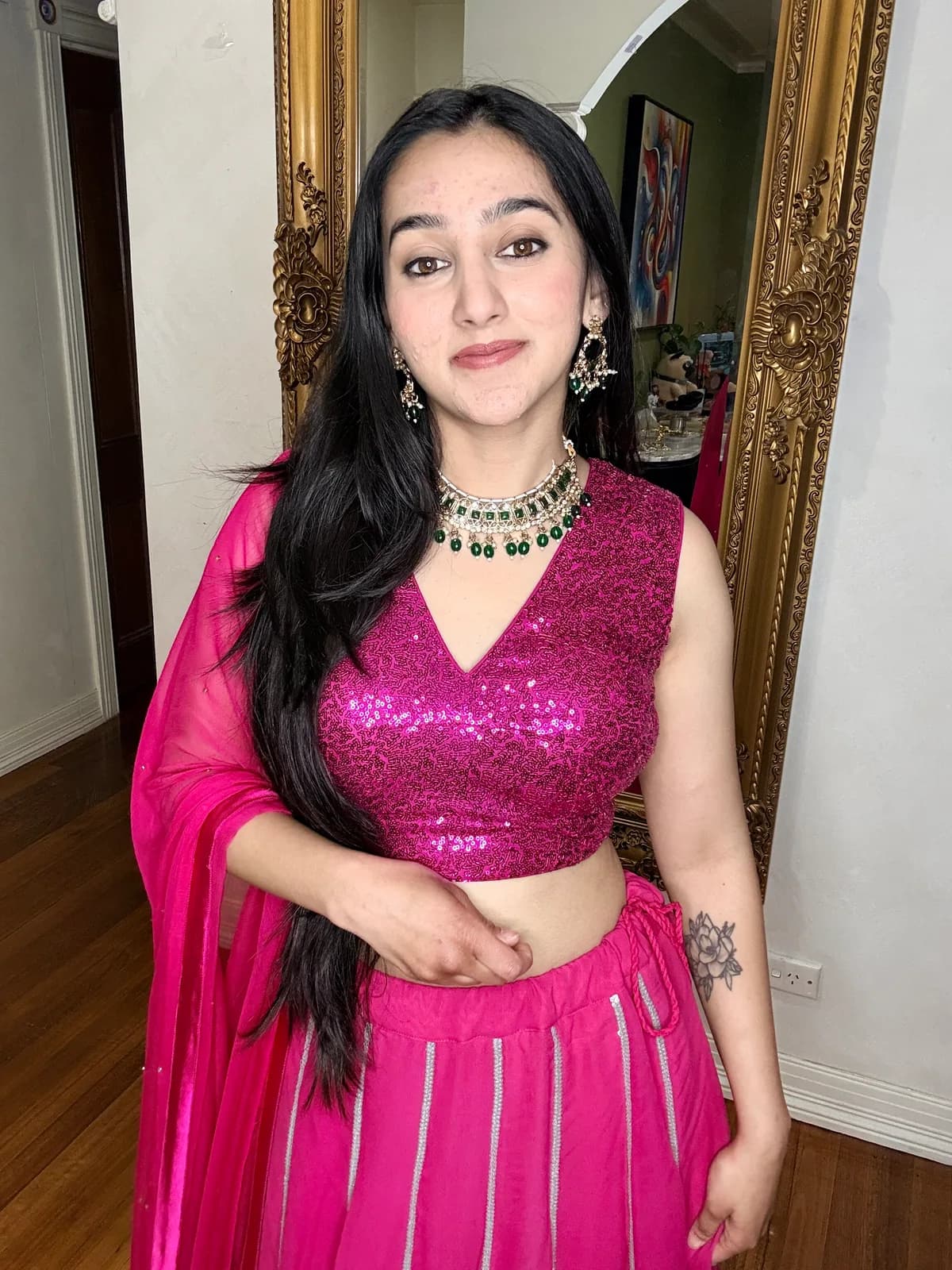 Hot Pink Sequin Crop Top Lehenga Set front view on model