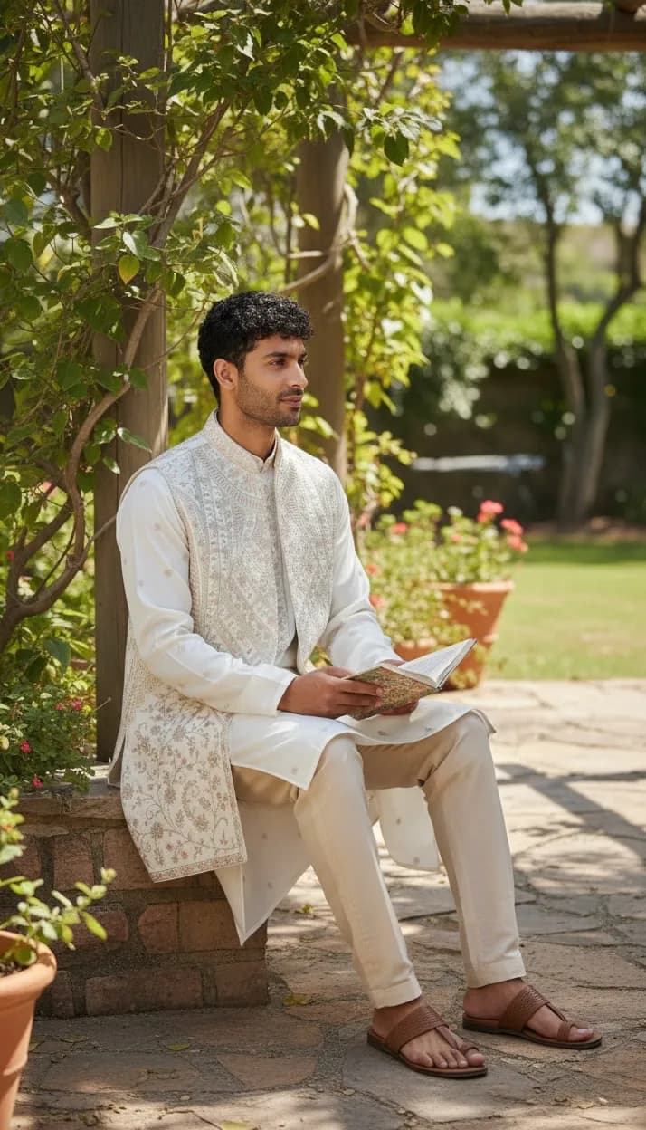 Ivory Men's Jacket Set with Resham Embroidery front view on model
