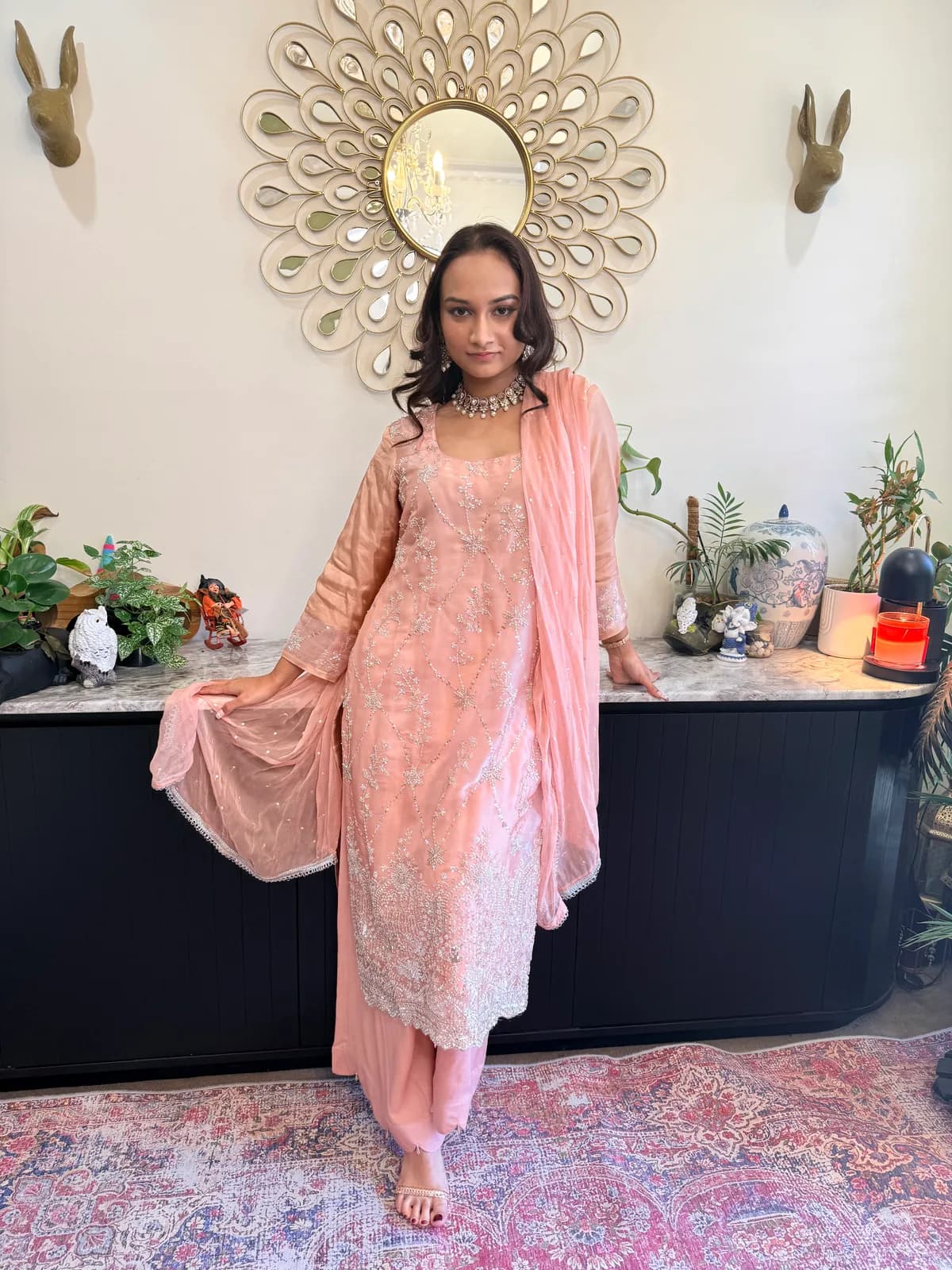 Blush Organza Suit with Bead-Work Embroidery and Palazzo front view on model