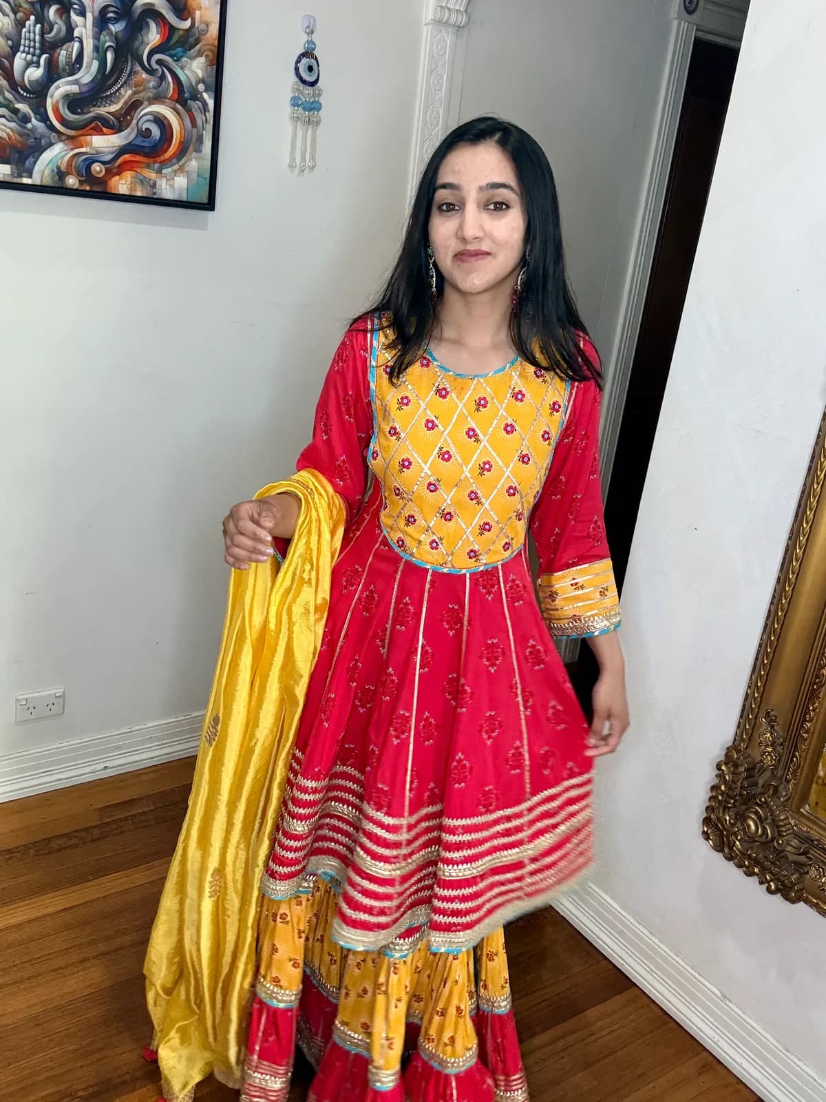 Red and Yellow Printed Cotton Peplum with Sharara front view on model